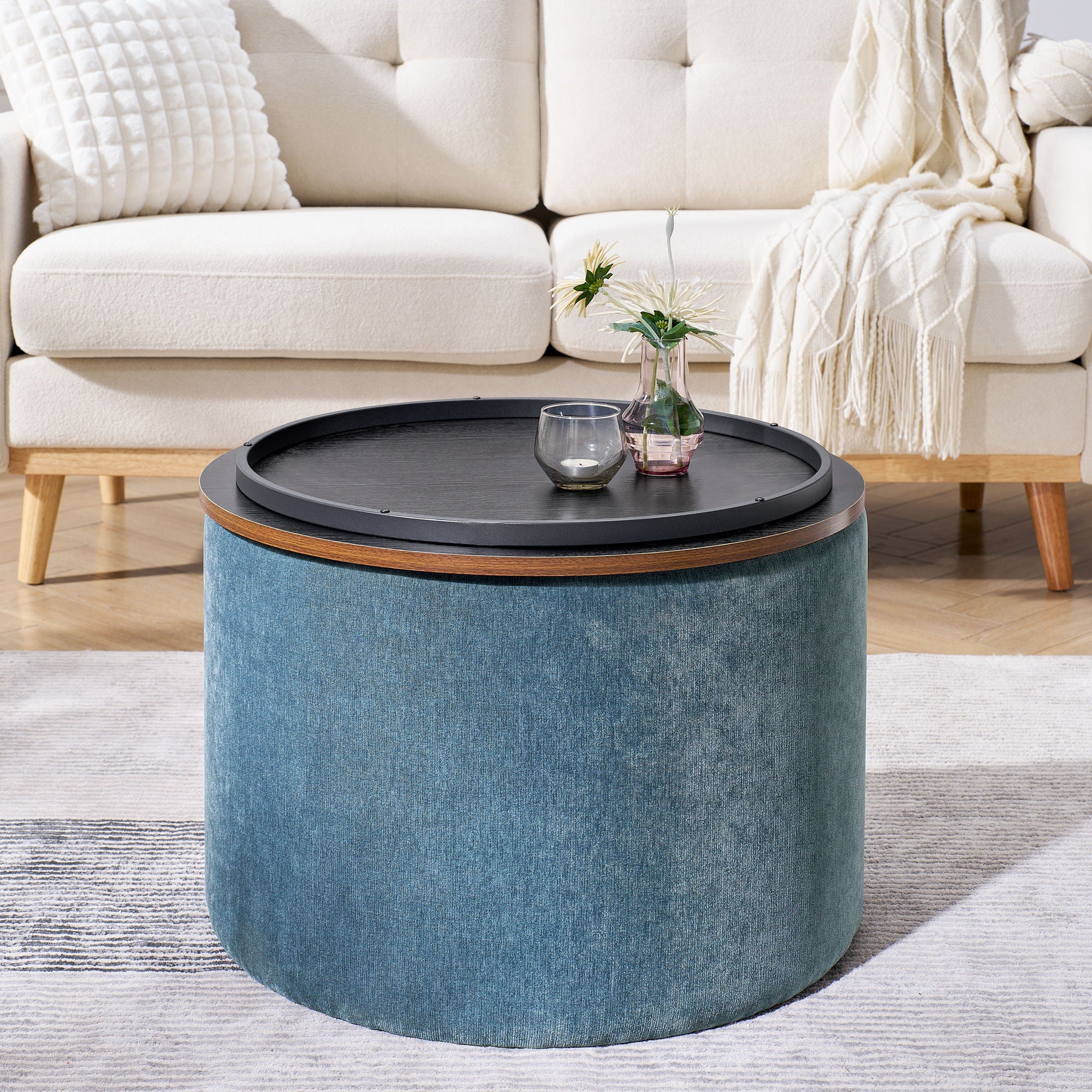 Classic 2 Piece Round Storage Ottoman Set With Drum Shaped Stool
