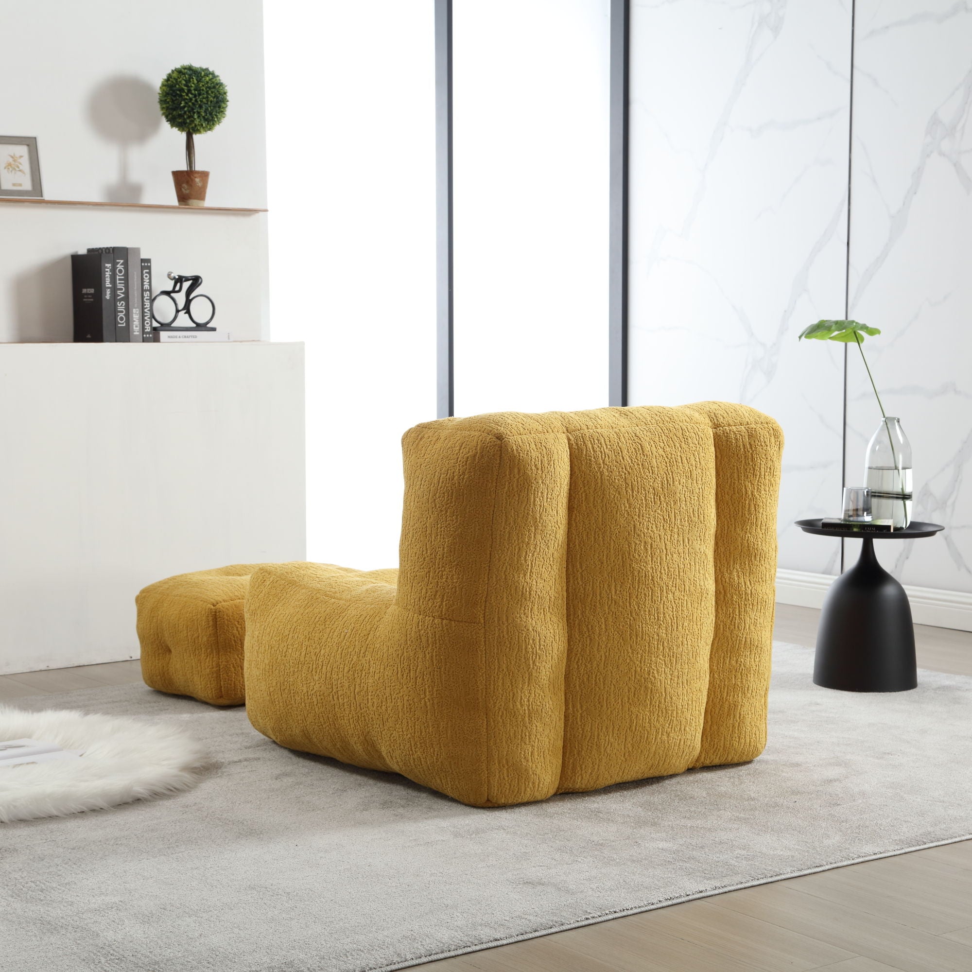 Modern Indoor Fluffy Bean Bag Chair With Memory Foam And Ottoman, Super Soft