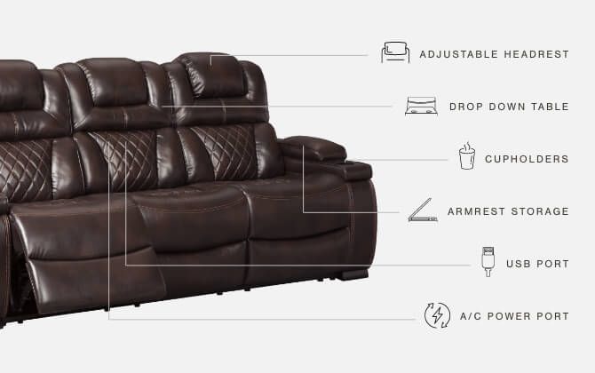 Signature Design by Ashley® Warnerton - Brown Dark - Pwr Rec Sofa With Adj Headrest | Meri Furniture