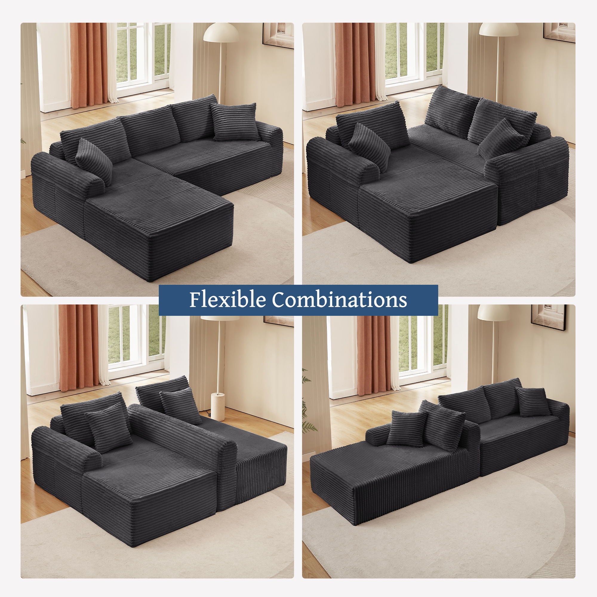 Modular Corduroy Sectional With Arched Armrests, Includes 3 Back Cushions & 2 Throw Pillows