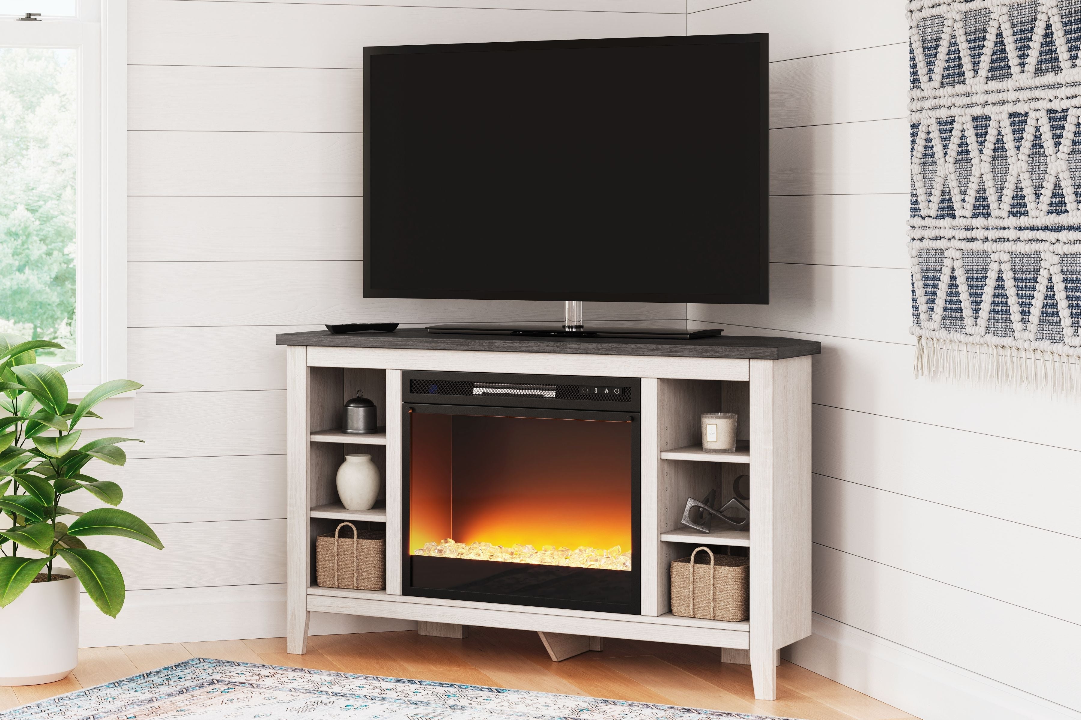 Signature Design by Ashley® Dorrinson - Corner TV Stand With Fireplace Insert | Meri Furniture