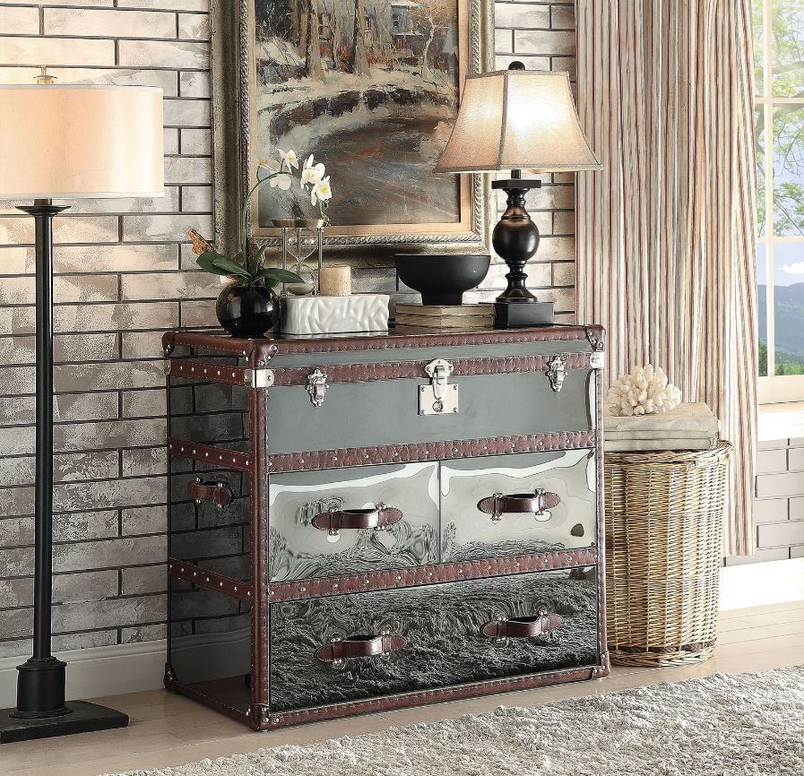 ACME Aberdeen - Accent Table - Vintage Dark Brown Top Grain Leather & Stainless Steel | Meri Furniture