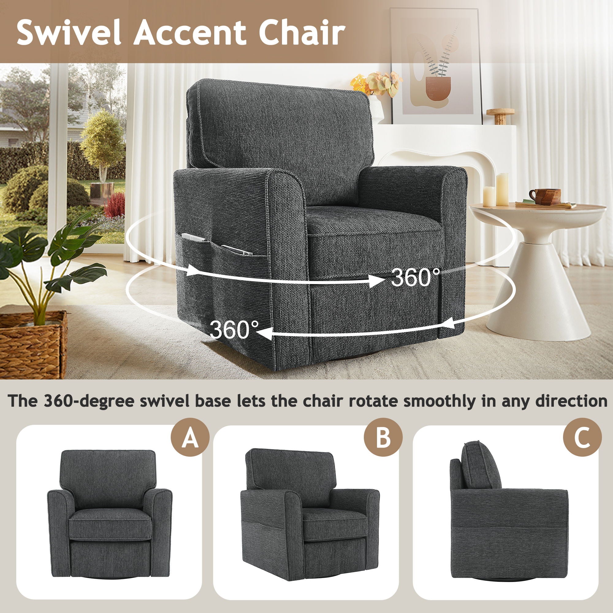 360° Swivel Accent Barrel Armchair With Side Pockets, Compact Design