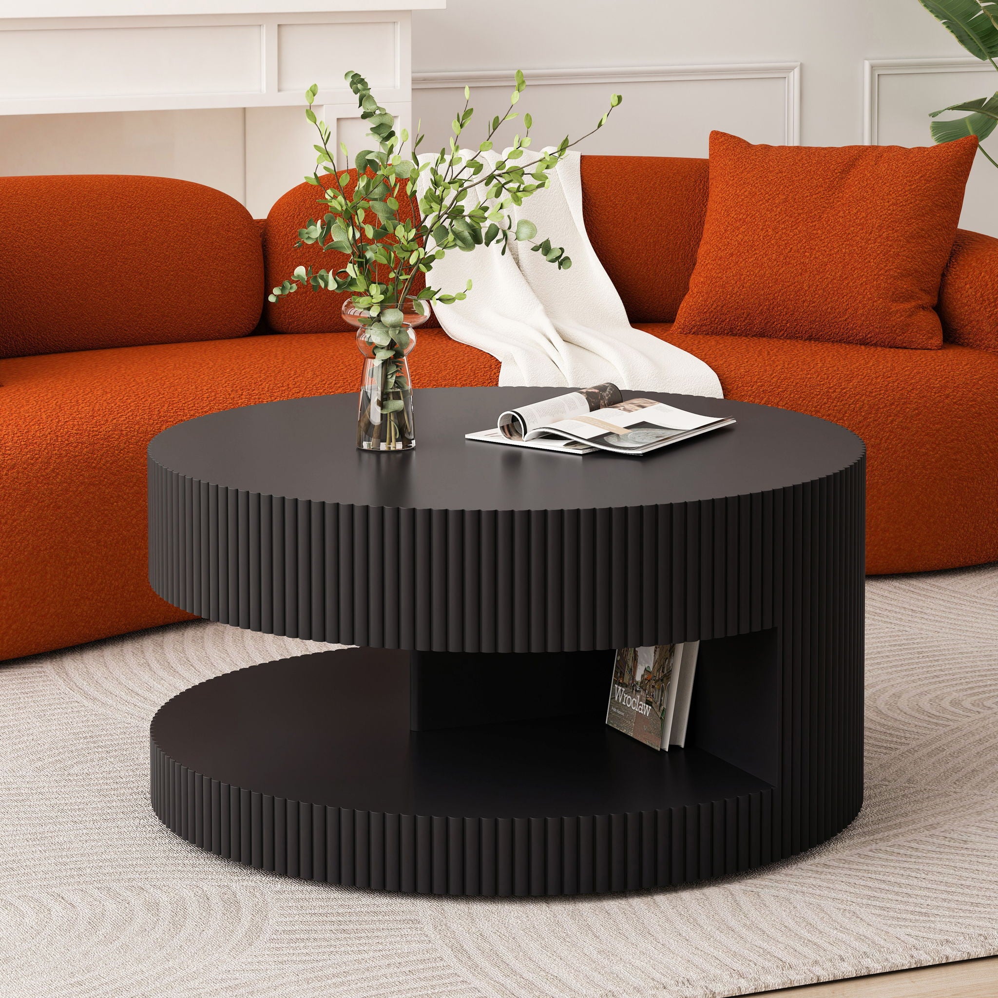 Round Coffee Table With Storage, Vertical Stripe Design