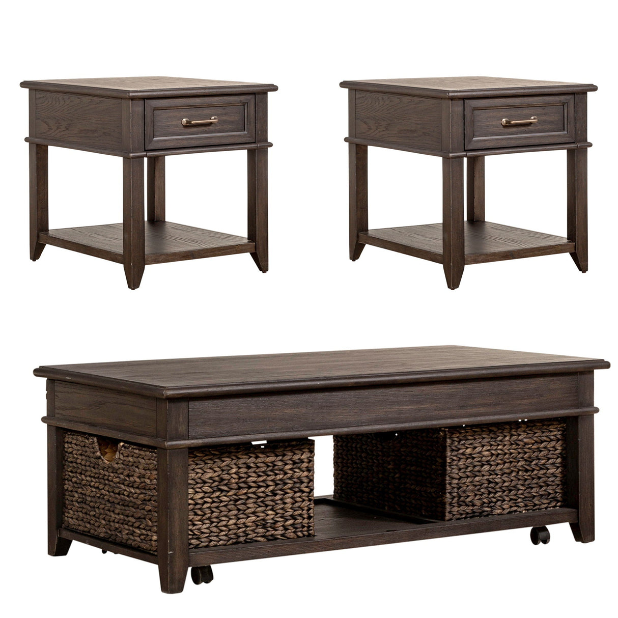 Liberty Furniture Mill Creek - 3 Piece Living Room Set (Lift Top Cocktail & 2 Drawer End Tables) - Dark Brown | Meri Furniture