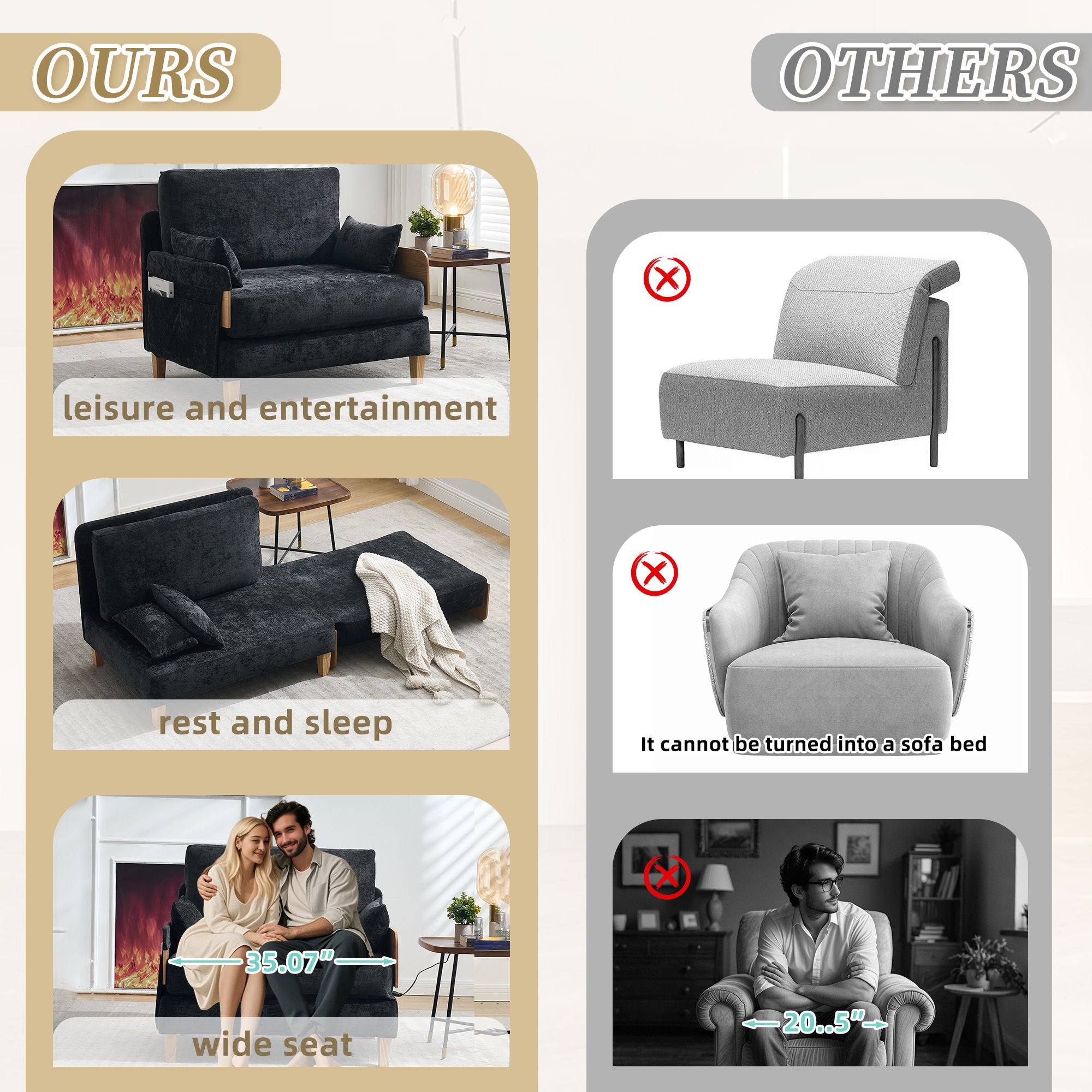 Mid Century Modern Foldable Sofa Bed, 3 In 1 Convertible Sleeper With 3 Pillows