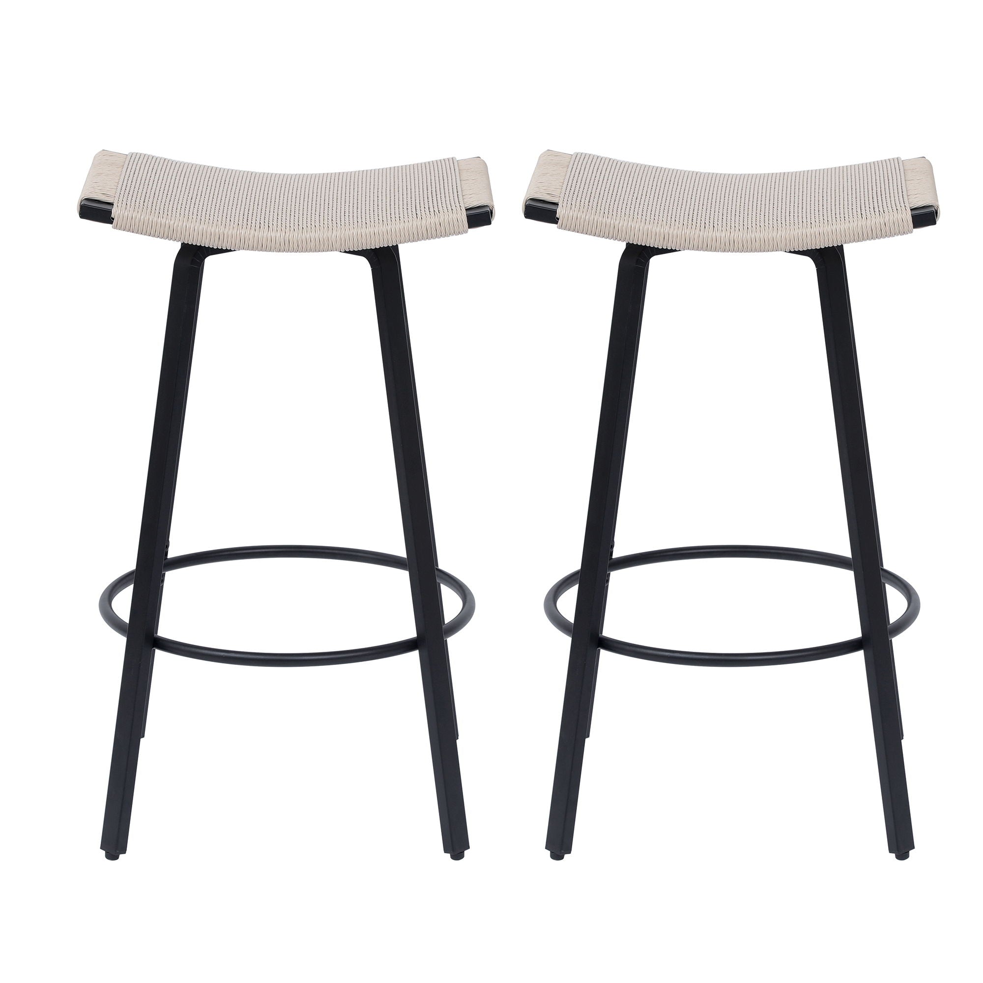 Counter Height Bar Stools Backless Handwoven Kitchen Dining Chairs With Round Footrest (Set of 2) Weaving Pub Stoo - Creamy White