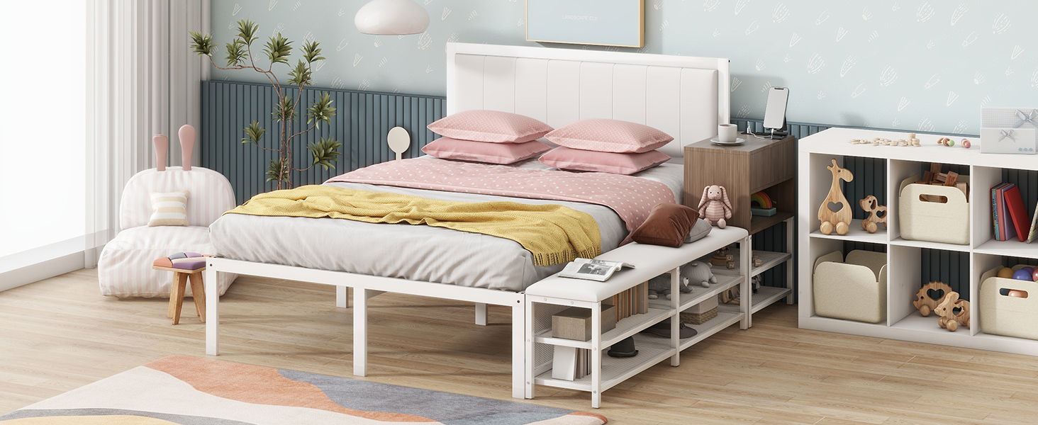 Platform Bed With 2 Tier Storage Shelves, Storage Cabinet