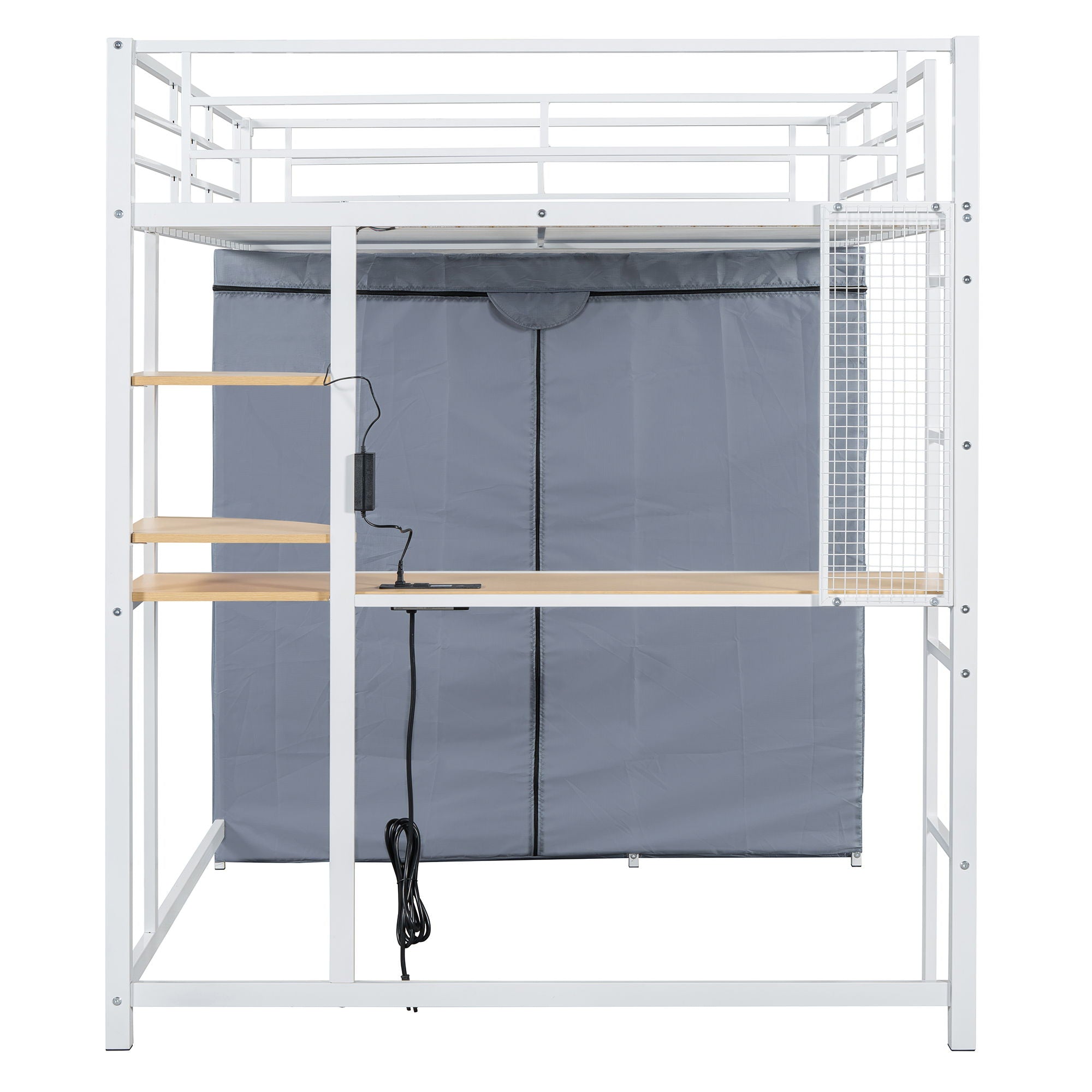 Loft Bed With Desk, Shelves, Power Outlet, LED Light And Wardrobe