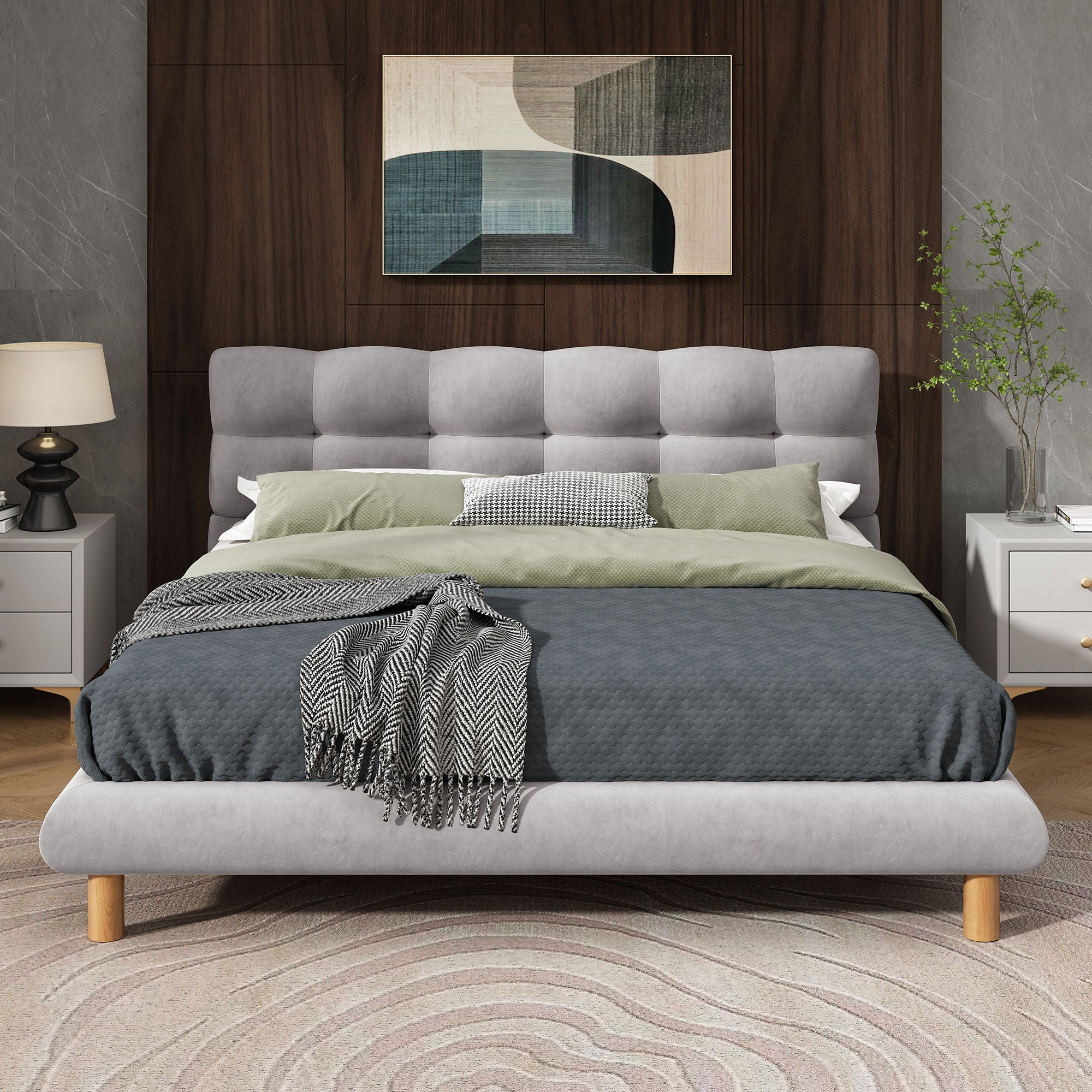 Upholstered Platform Bed Frame With Cookie Shaped Headboard