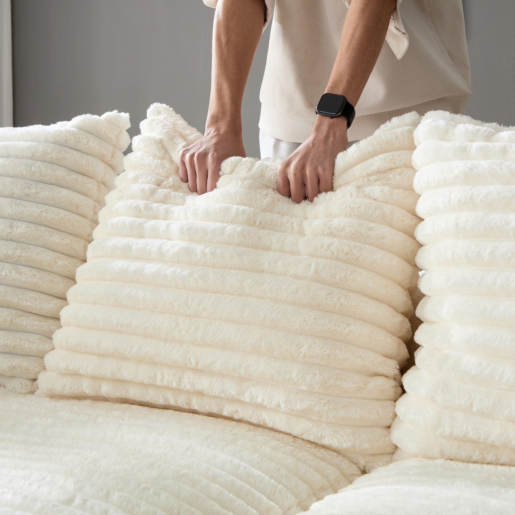 Plush Corduroy 4 Seat Sofa With Soft Pillows And Movable Ottoman