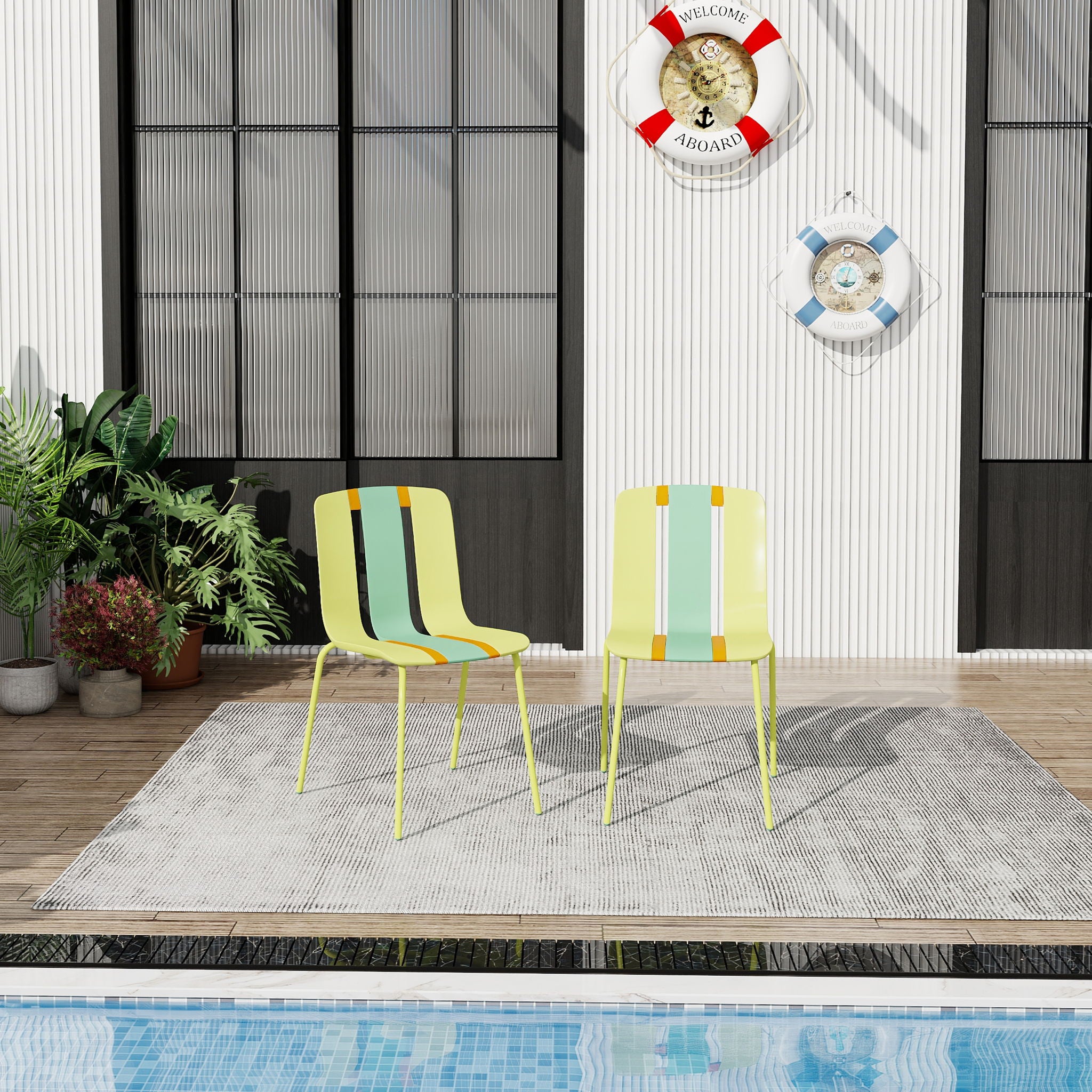 Modern Striped Blocking Single Chairs, Waterproof And Fade Resistant (Set of 4)