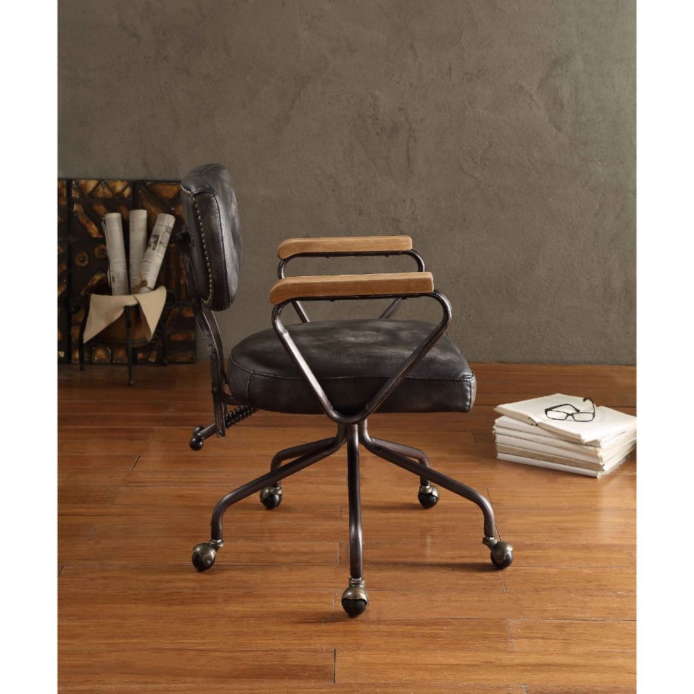 ACME Our durable Hallie office chair gets its industrial look from oversized button tufted back and vintage top grain leather. The 5-star swivel base fitted with casters, it keeps you moving from one task to the next. Some Assembly Required. | Meri Furnit