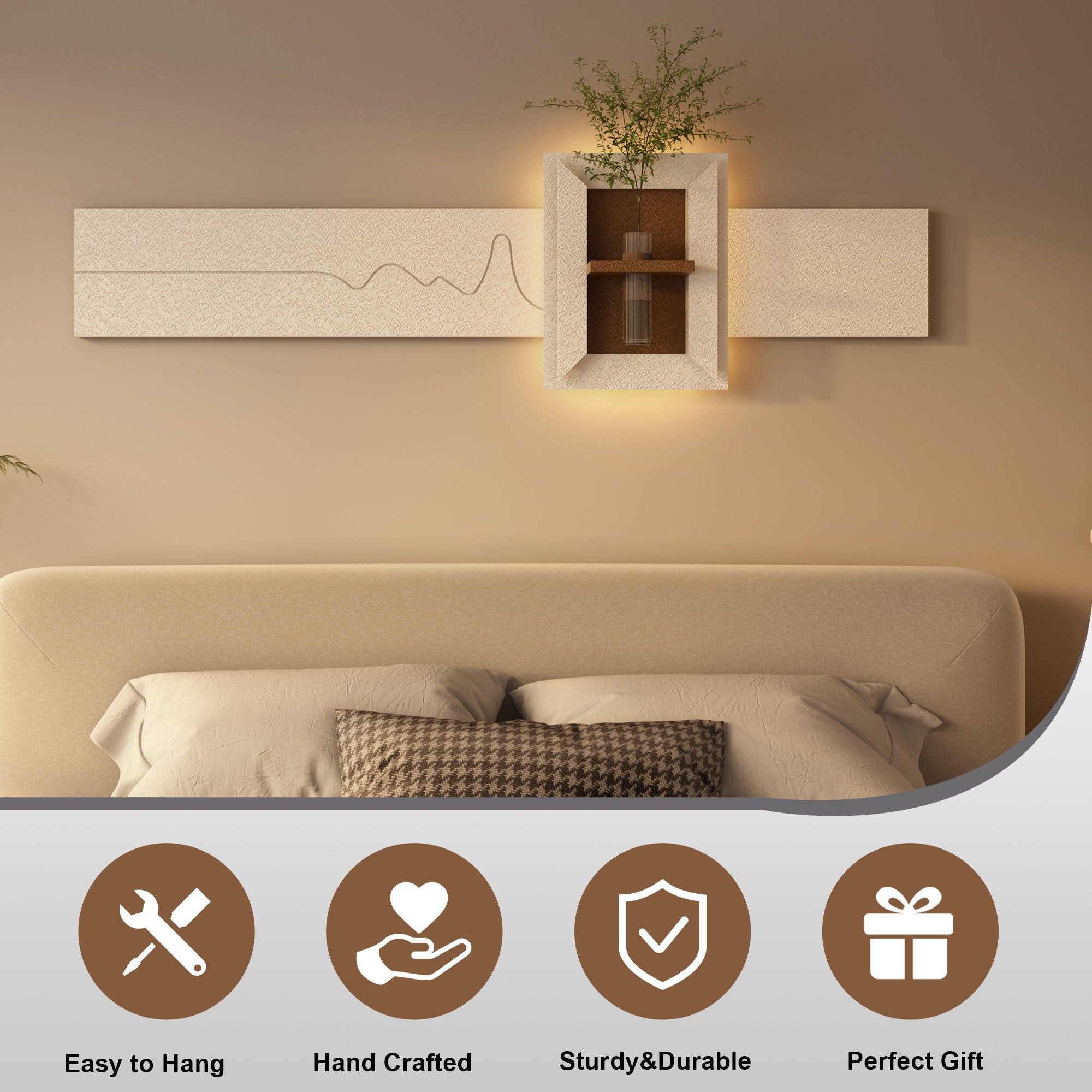 3D LED Sandstone Wall Decor With Simulated Plants, Glass Vase & Remote Control - Light Coffee