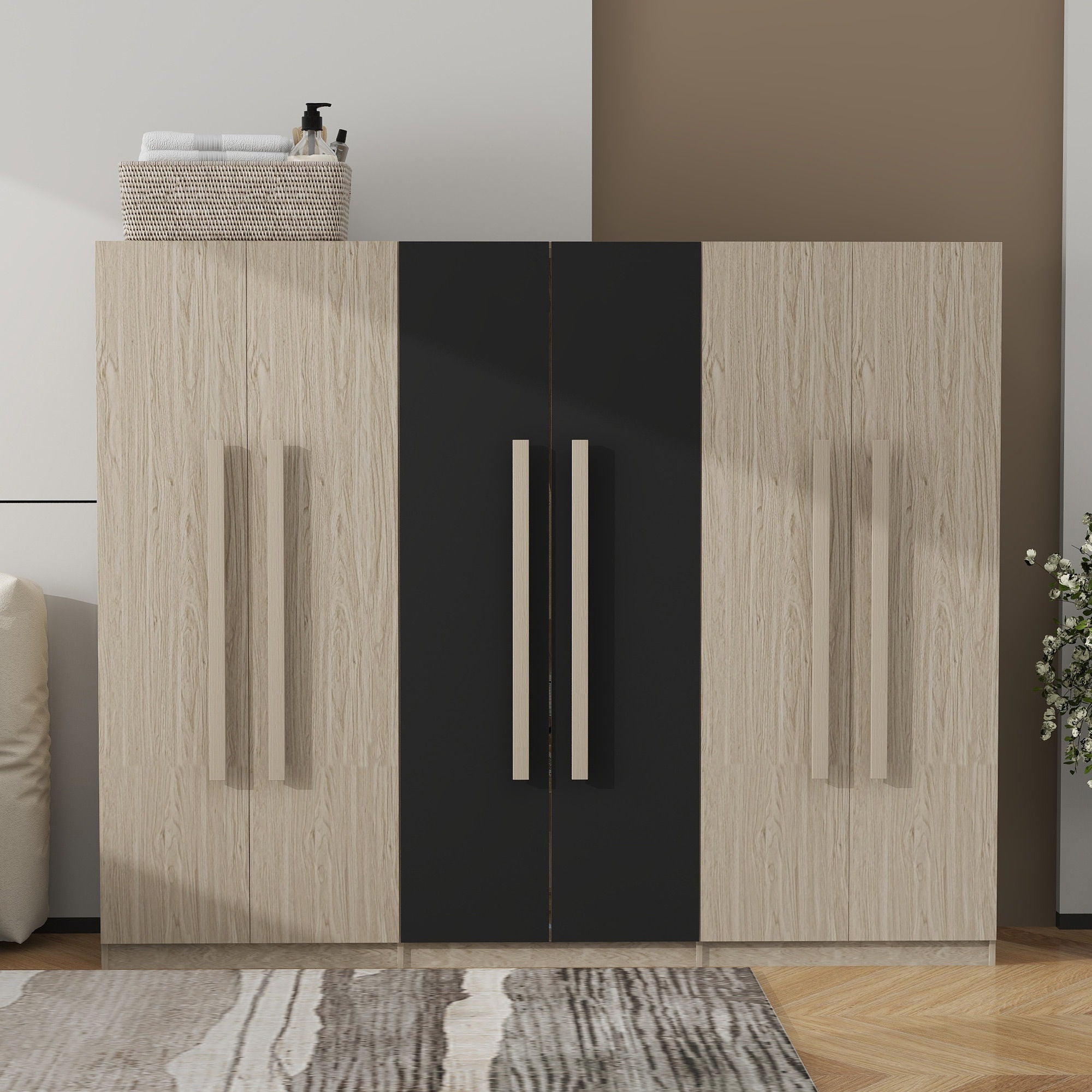 6 Doors Wardrobe Storage For Bedroom, With 2 Drawers Inside - Black / Nature