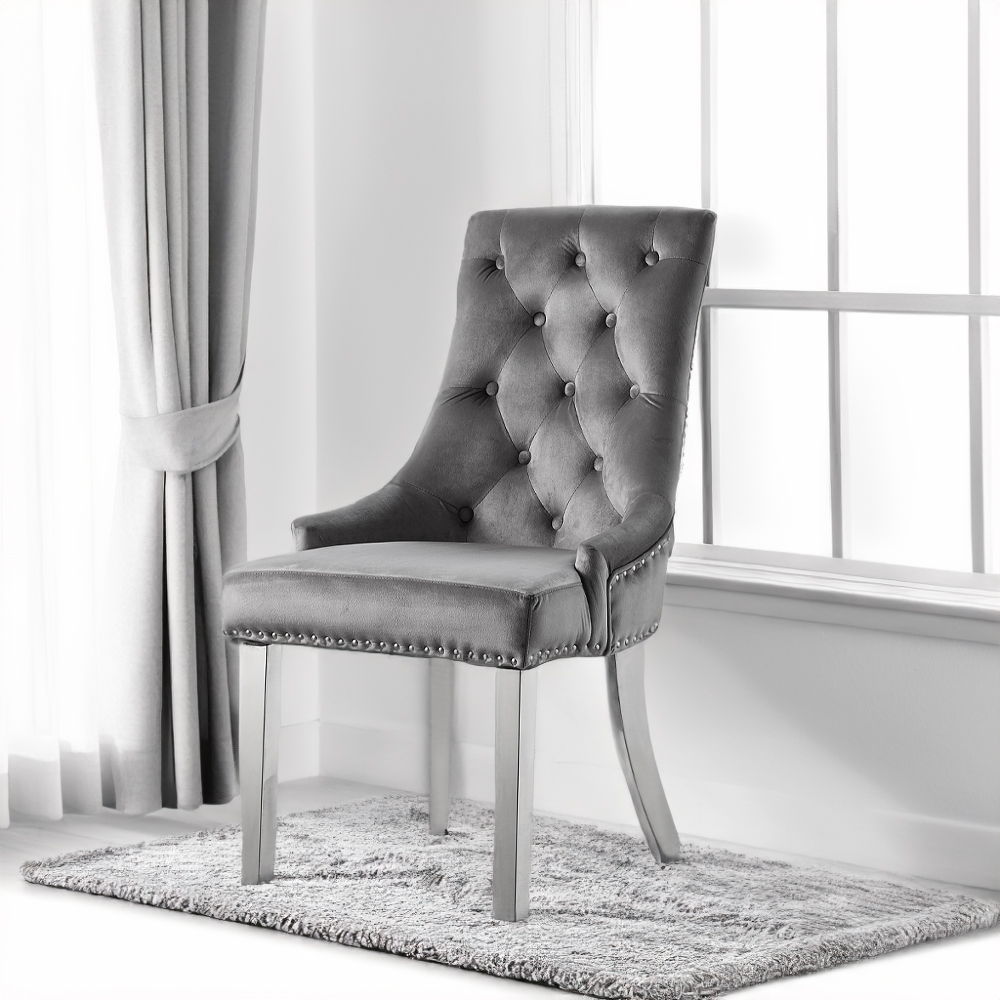 Satinka - Side Chair Set of 2) - Gray Fabric & Mirrored Silver