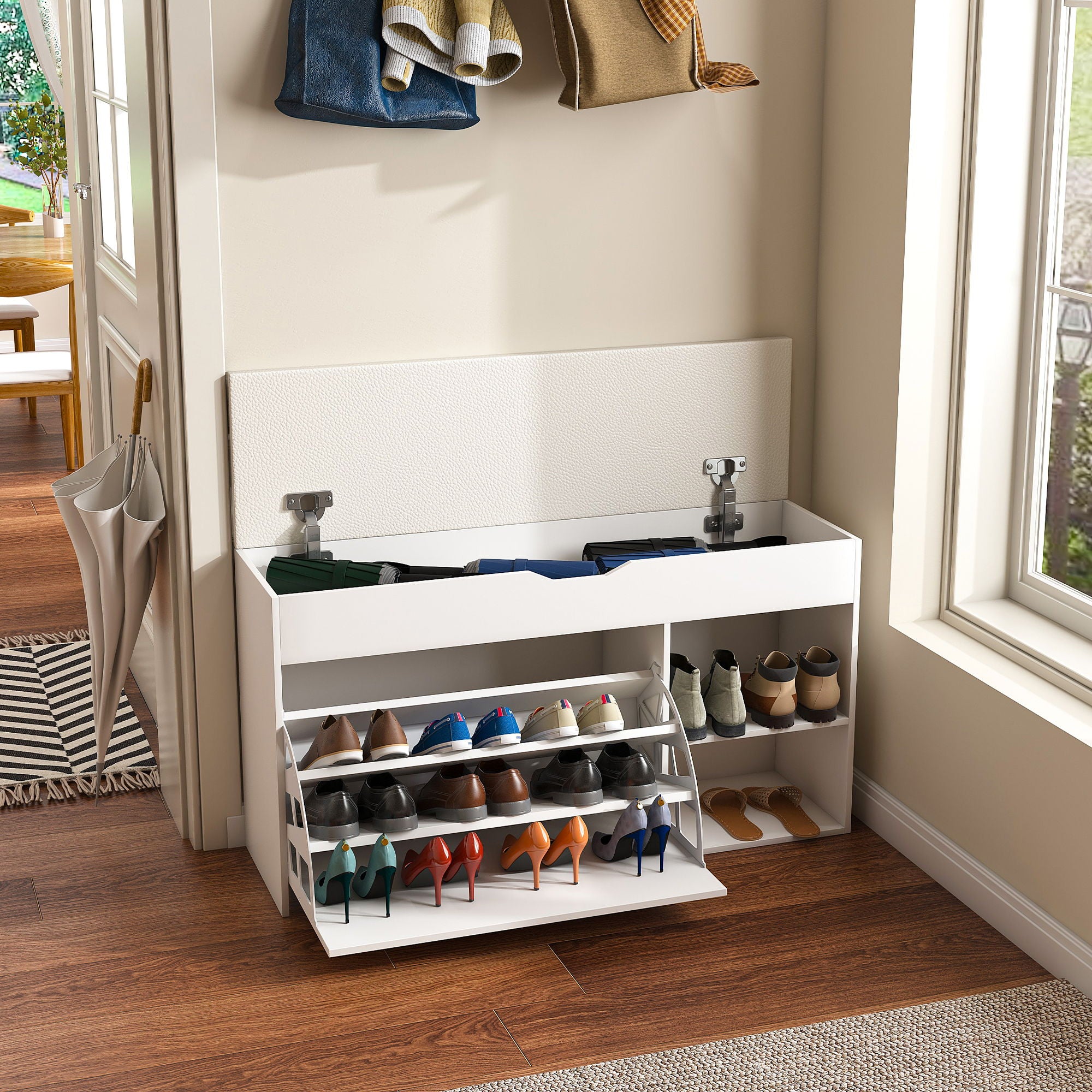 Modern Design Entryway Bench With Adjustable 3 Tier Flip-Up Drawers And Hidden Cabinet - White