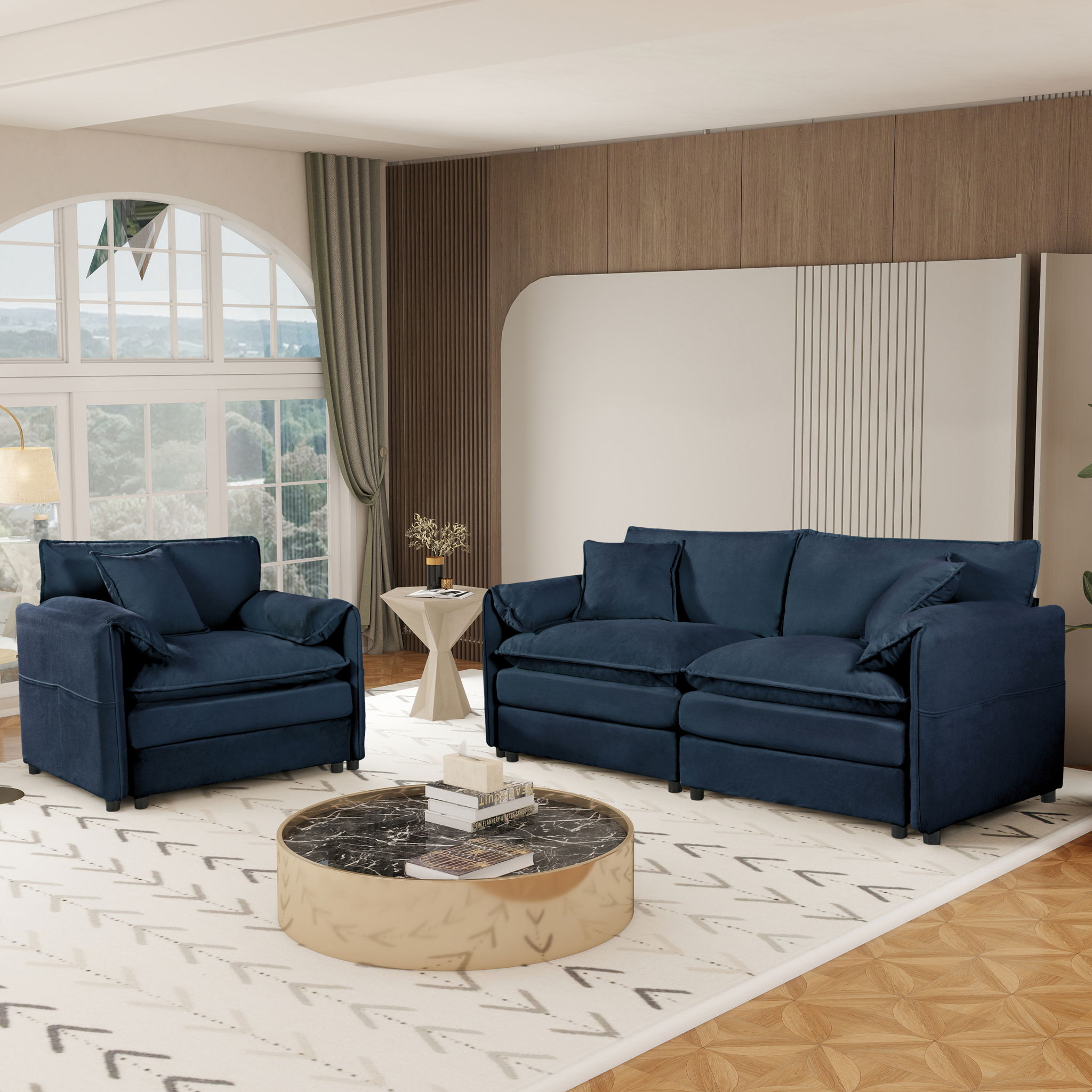 Modern Upholstered Chenille Loveseat And Armchair Set With Pillows