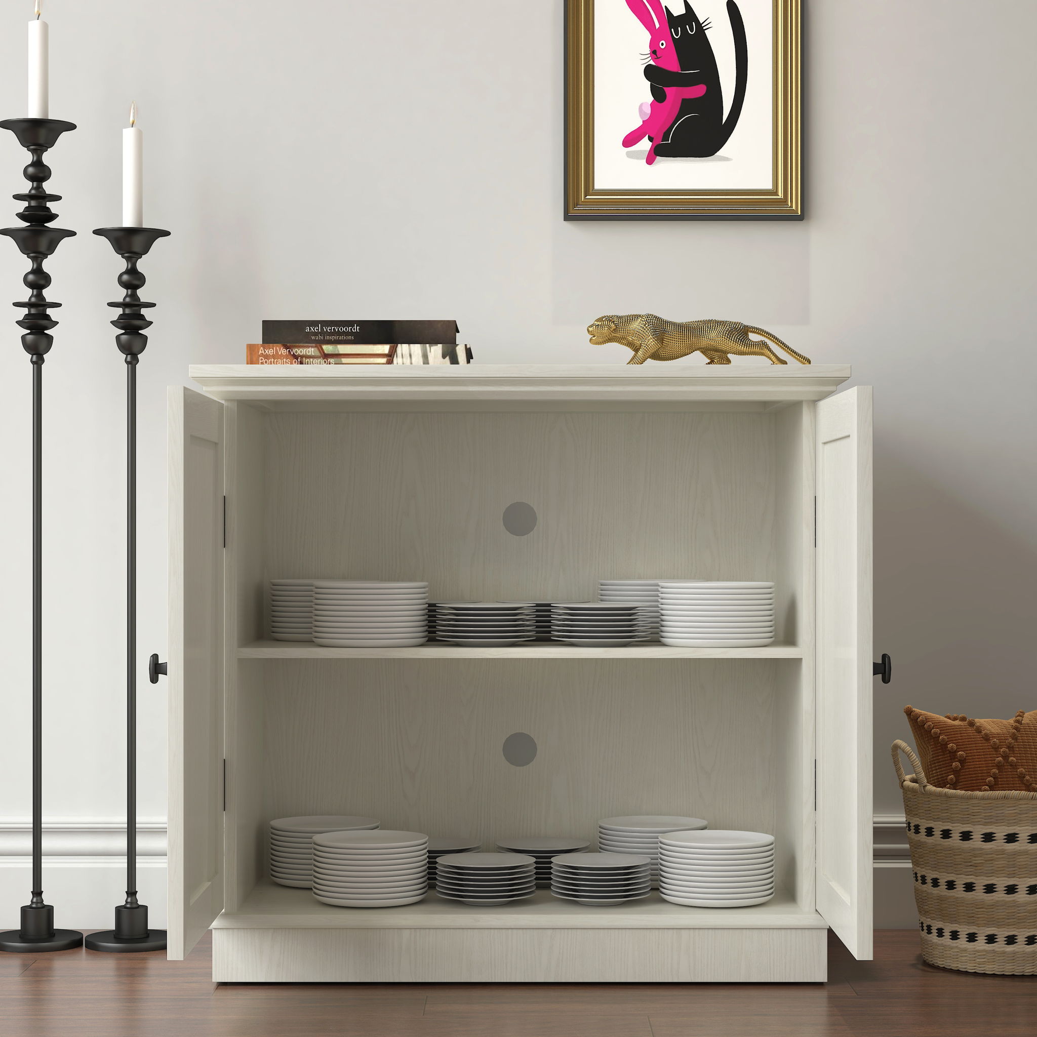 Sideboard Cabinet With Mirrored Doors, Adjustable Shelf, Metal Handles