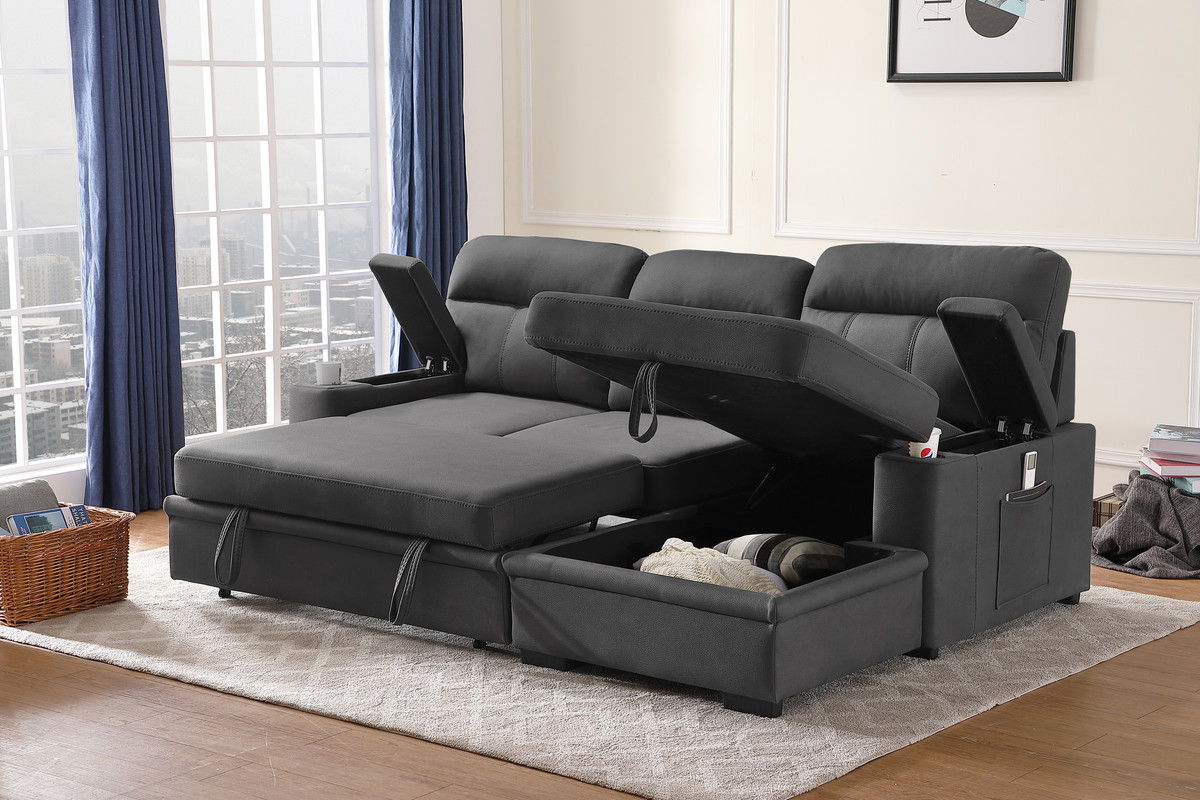 Kaden 94"W Gray Fabric Sleeper Sectional Sofa Chaise with Storage Arms and Cupholder