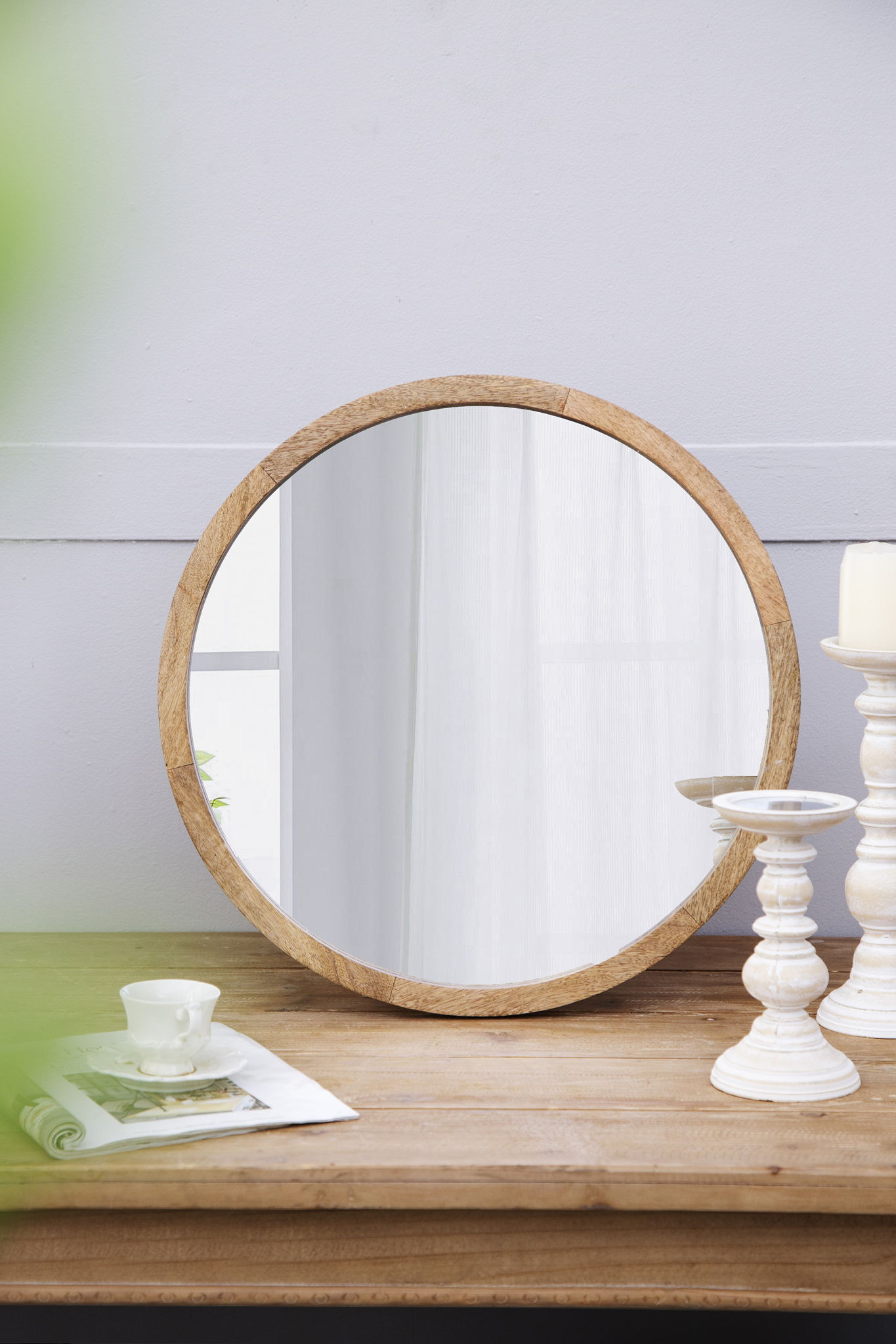 Circle Wall Mirror With Wooden Frame, Wall Mirror For Living Room