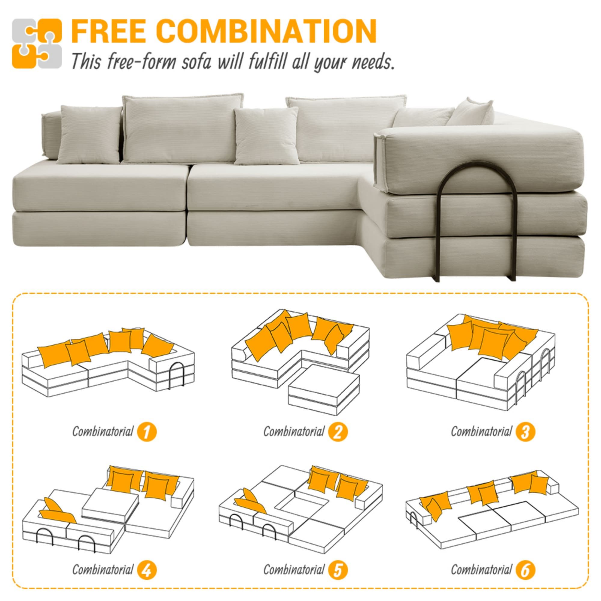 Modular L Shaped Floor Living Room Sofa Set With 6 Pillows