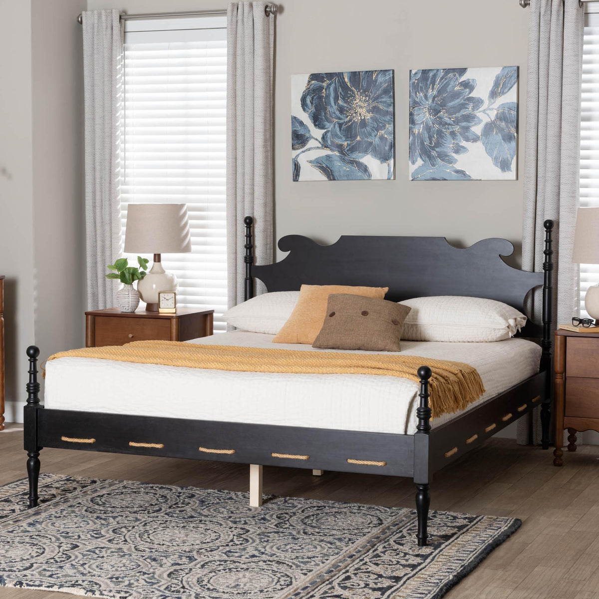 Gaetano Platform Bed - Four Poster Bed Frame with Turned Posts and Panel Headboard for Bedroom, Black, Queen