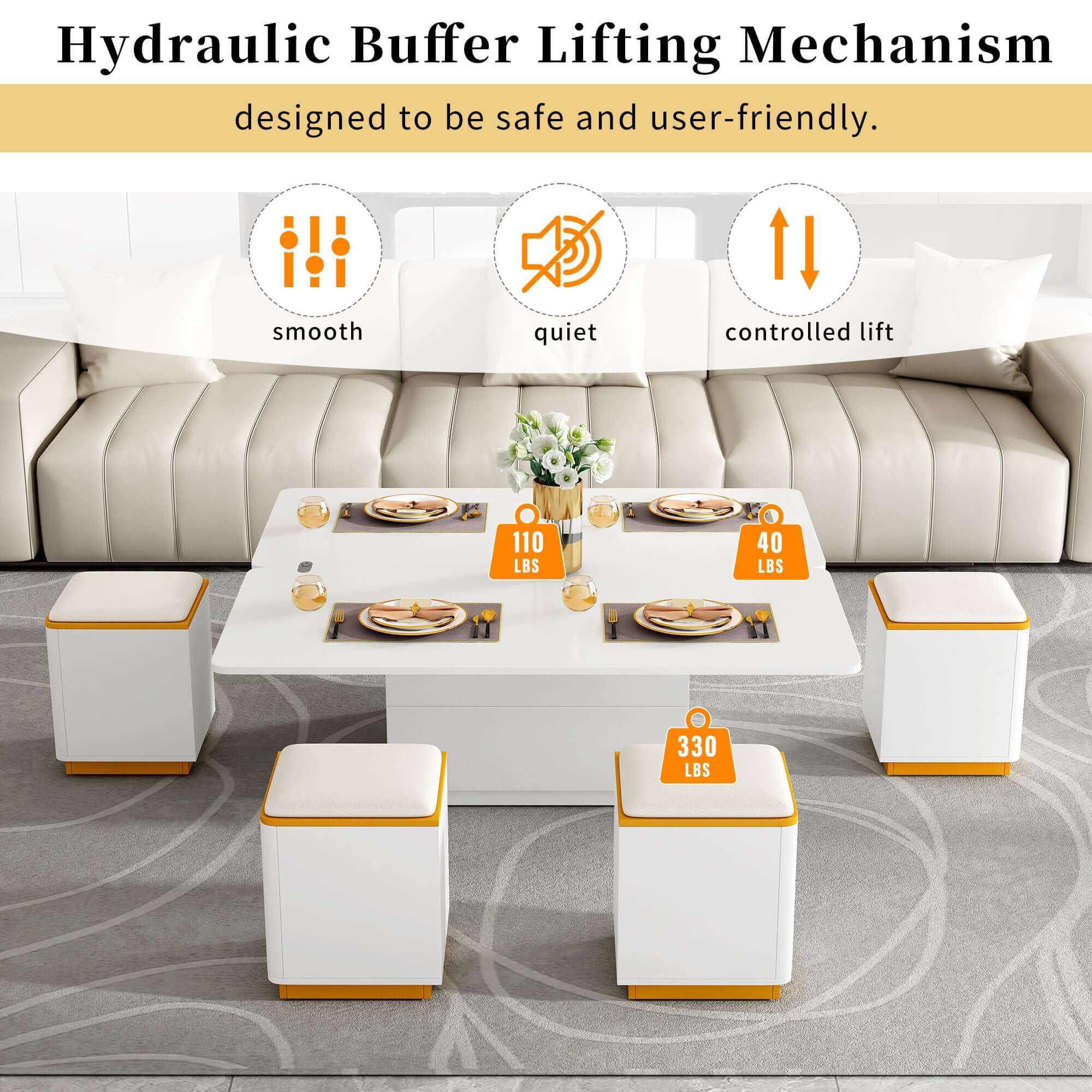 Lift Top Coffee Table With 4 Storage Stools