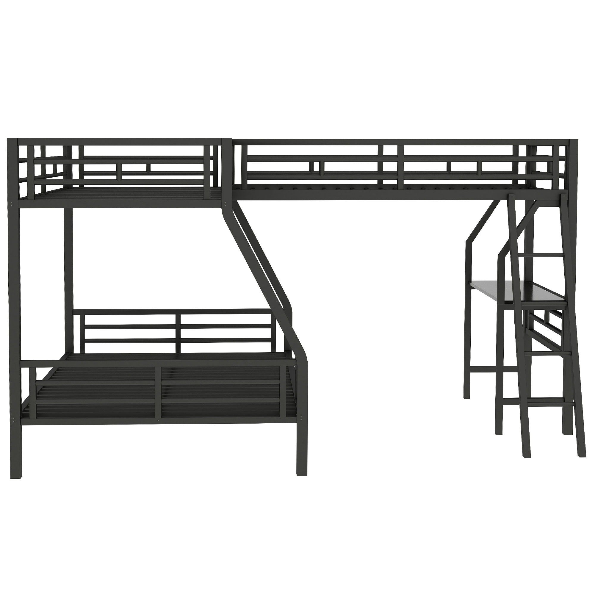 Twin Over Full Bunk Bed With Loft And Desk, L-Shaped Design For 3 Sleepers - Black