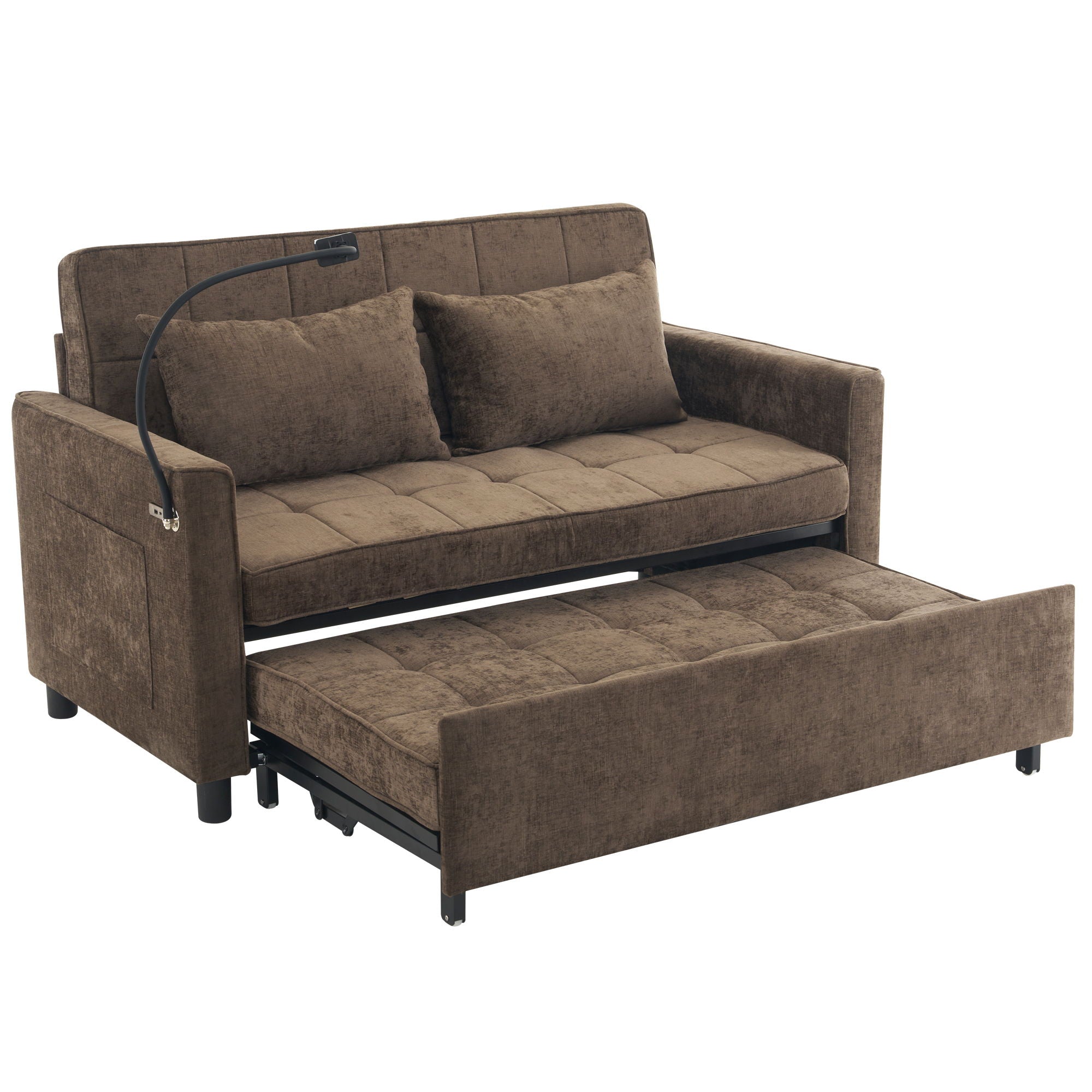 Pull-Out Sleeper Sofa With Reversible Backrest Cushion, Side Pockets, 2 USB Ports And A Phone Holder For Living Room