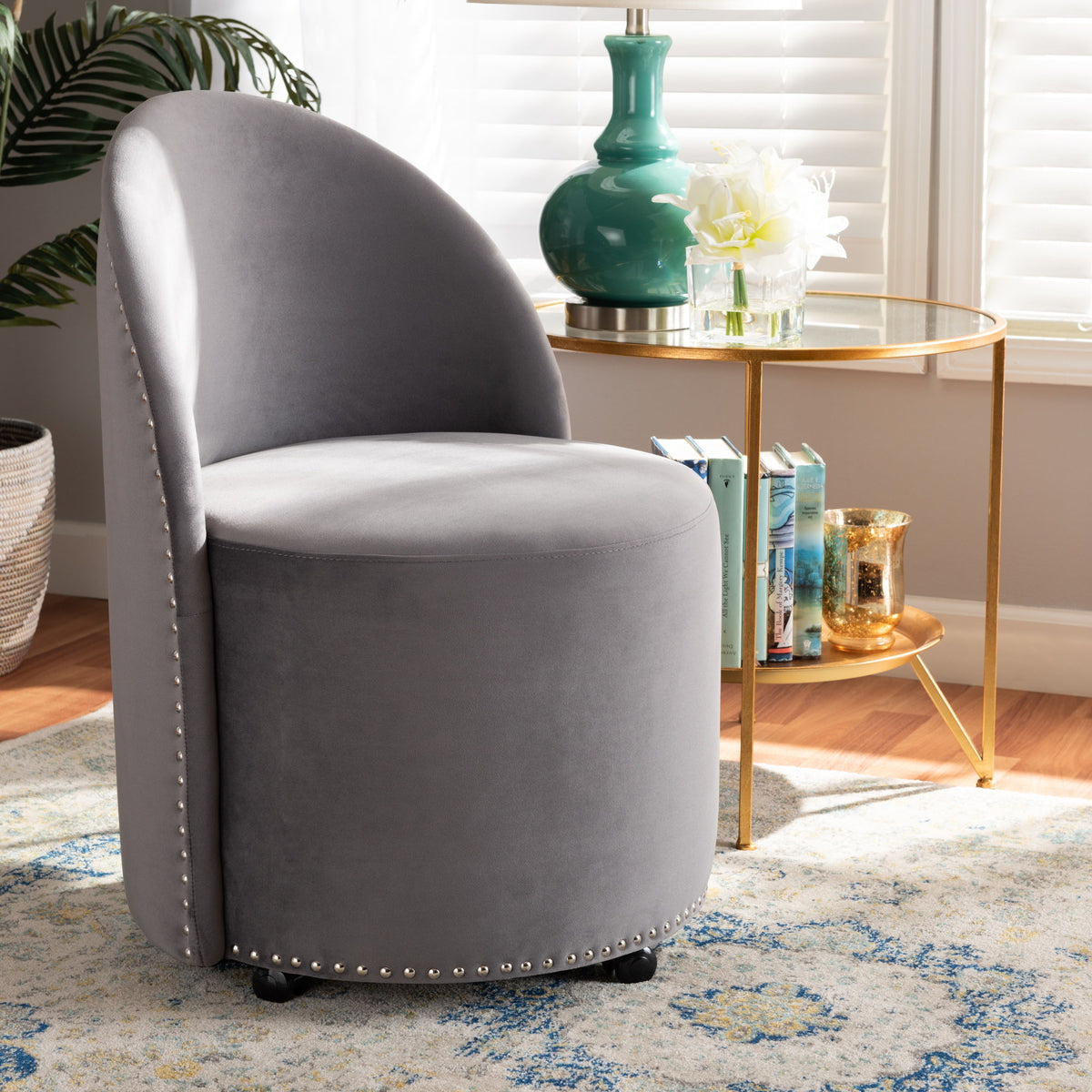 Bethel Glam and Luxe Grey Velvet Fabric Upholstered Rolling Accent Chair