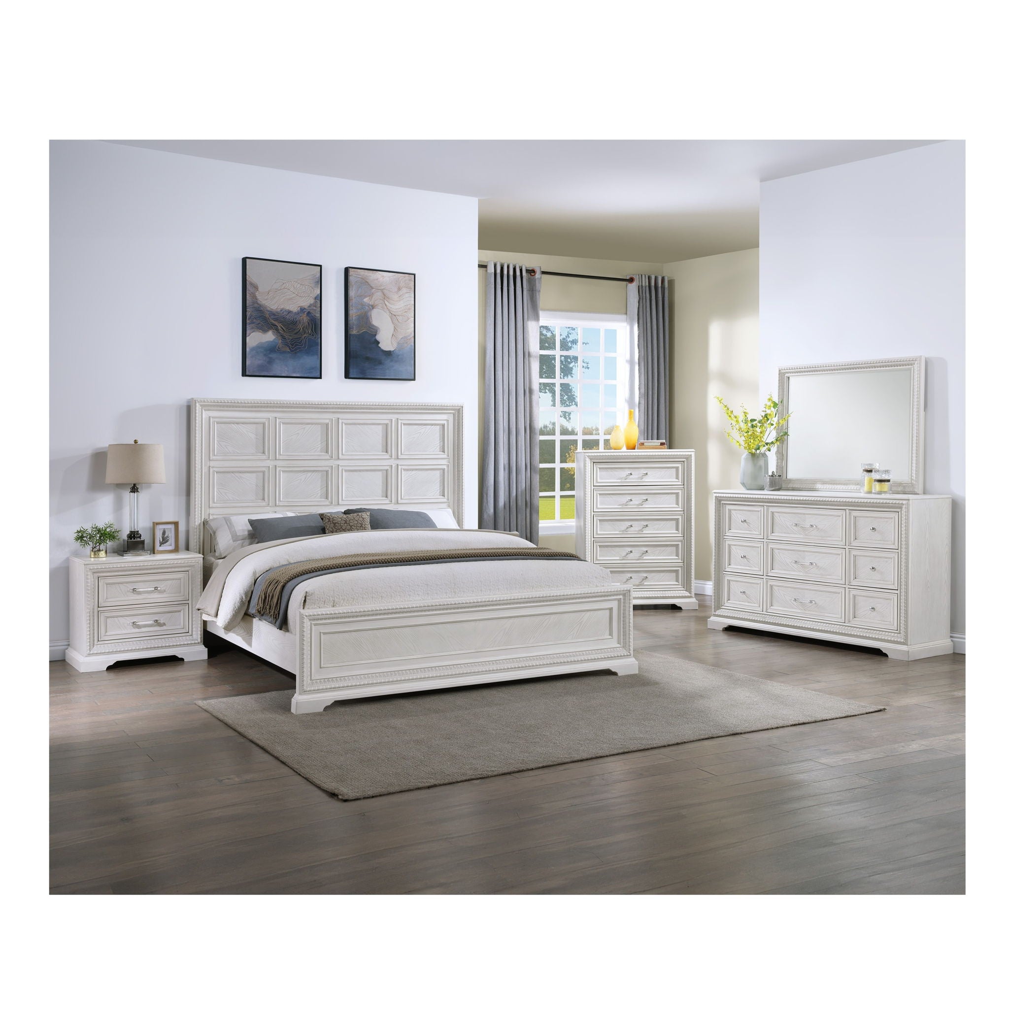 Queen Geometric Design Headboard Panel Bed Bedroom Furniture - Antique White