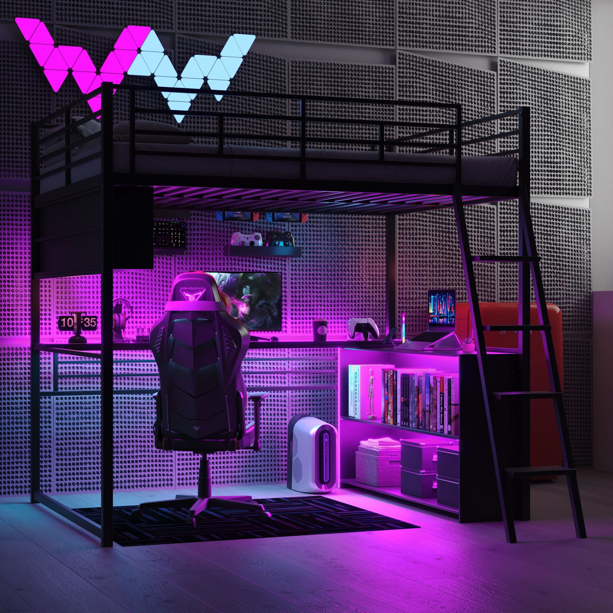 Loft Bed With LED Desk And 4 Storage Shelves