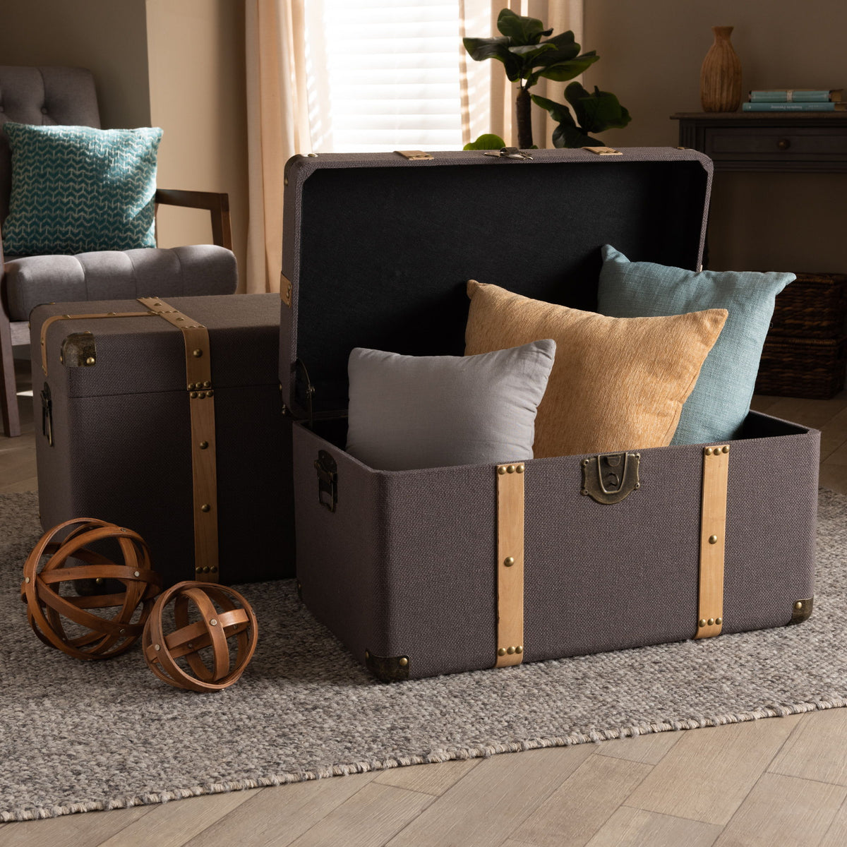 Stephen Modern and Contemporary Transitional Dark Brown Fabric Upholstered and Oak Brown Finished 2-Piece Storage Trunk Set