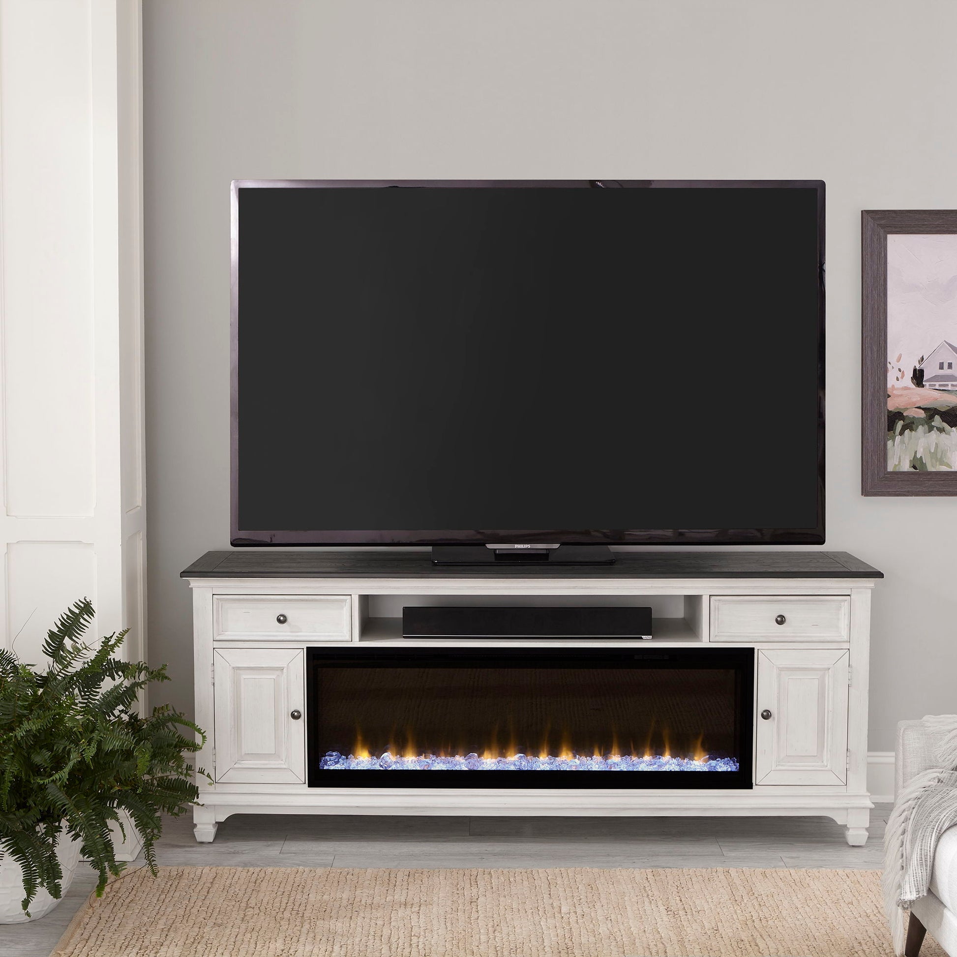 Liberty Furniture Allyson Park - 80" Console With Fire - White | Meri Furniture