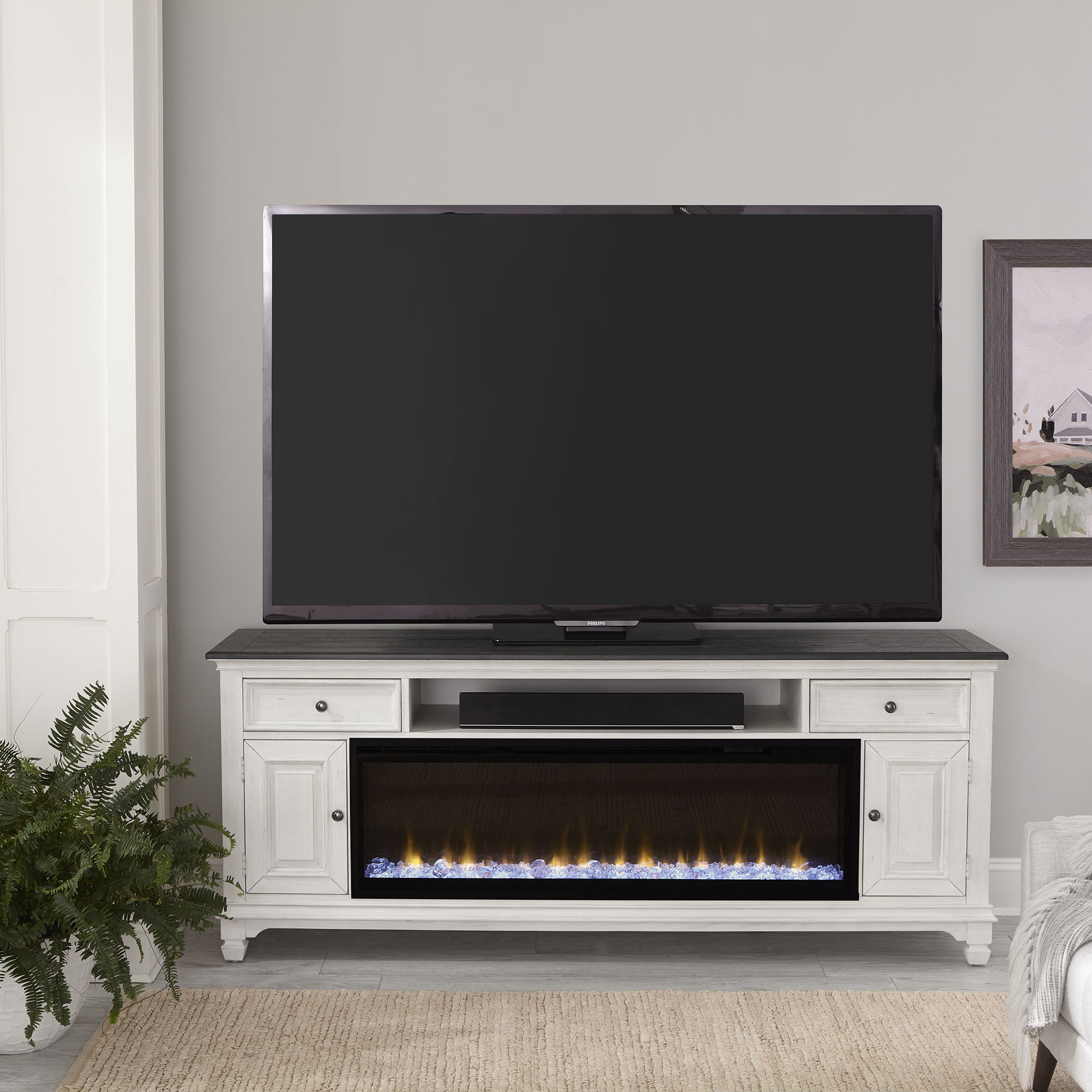 Liberty Furniture Allyson Park - 80" Console With Fire - White | Meri Furniture