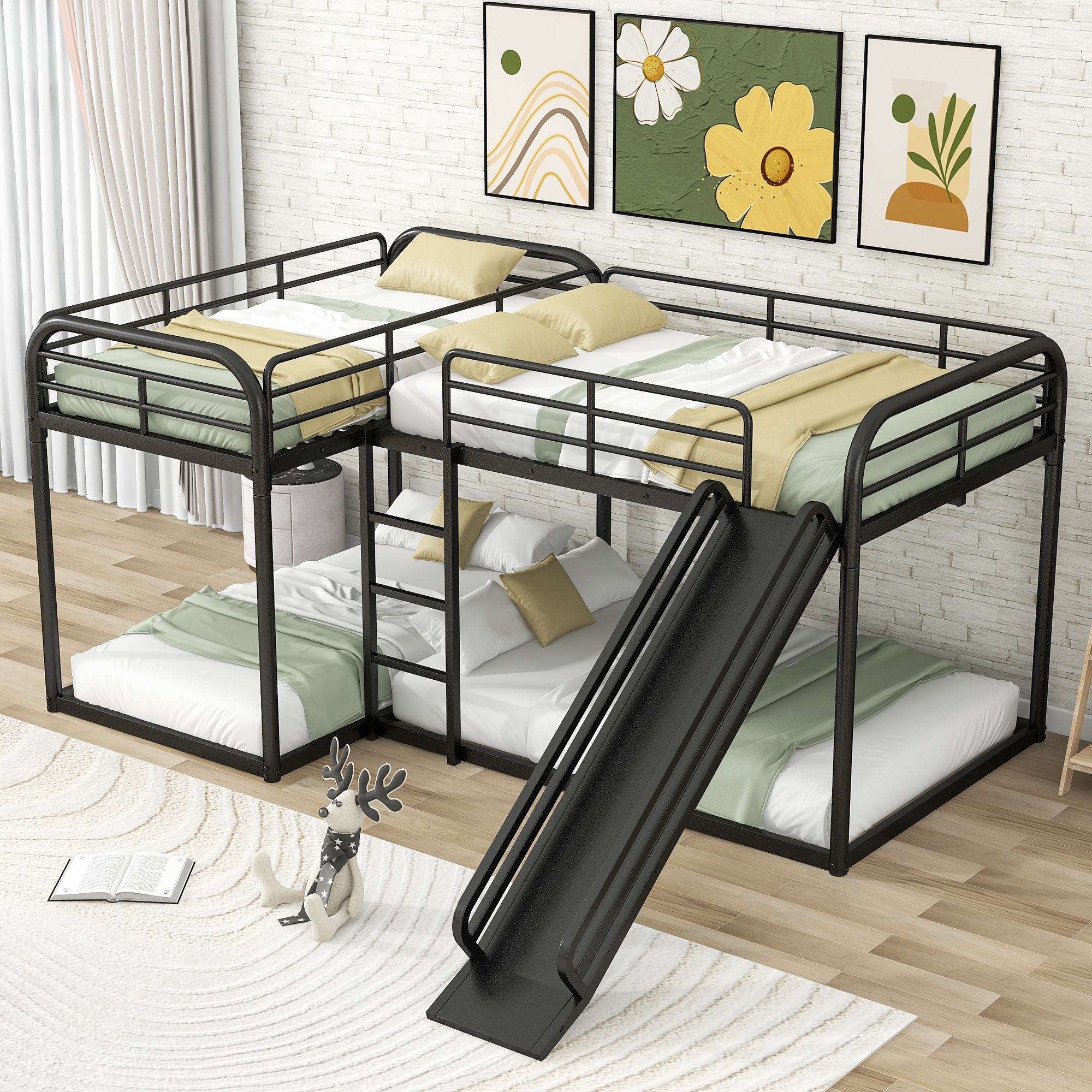 L Shaped Bunk Bed With Slide And Short Ladder