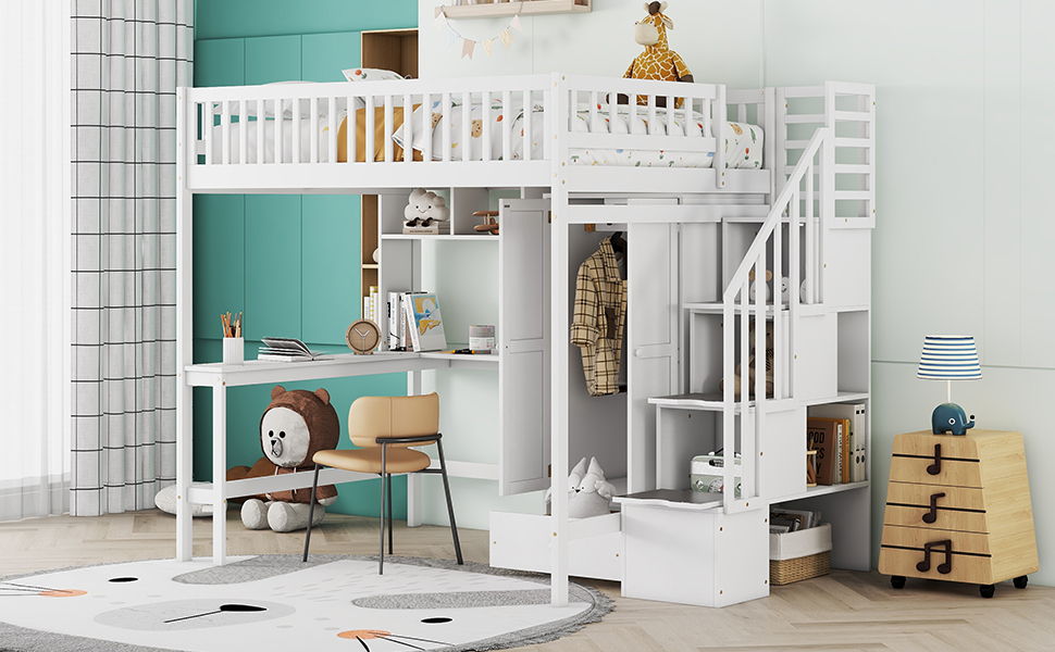 Loft Bed With Bookshelf, Drawers, Desk, And Wardrobe