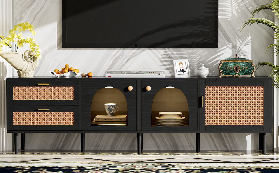 Rattan TV Stand With 3 Cabinets & 2 Drawers, Rattan-Inspired Media Console Table For Tvs Up To 80'', LED Light Entertainment Center, TV Cabinet For Living Room - Black