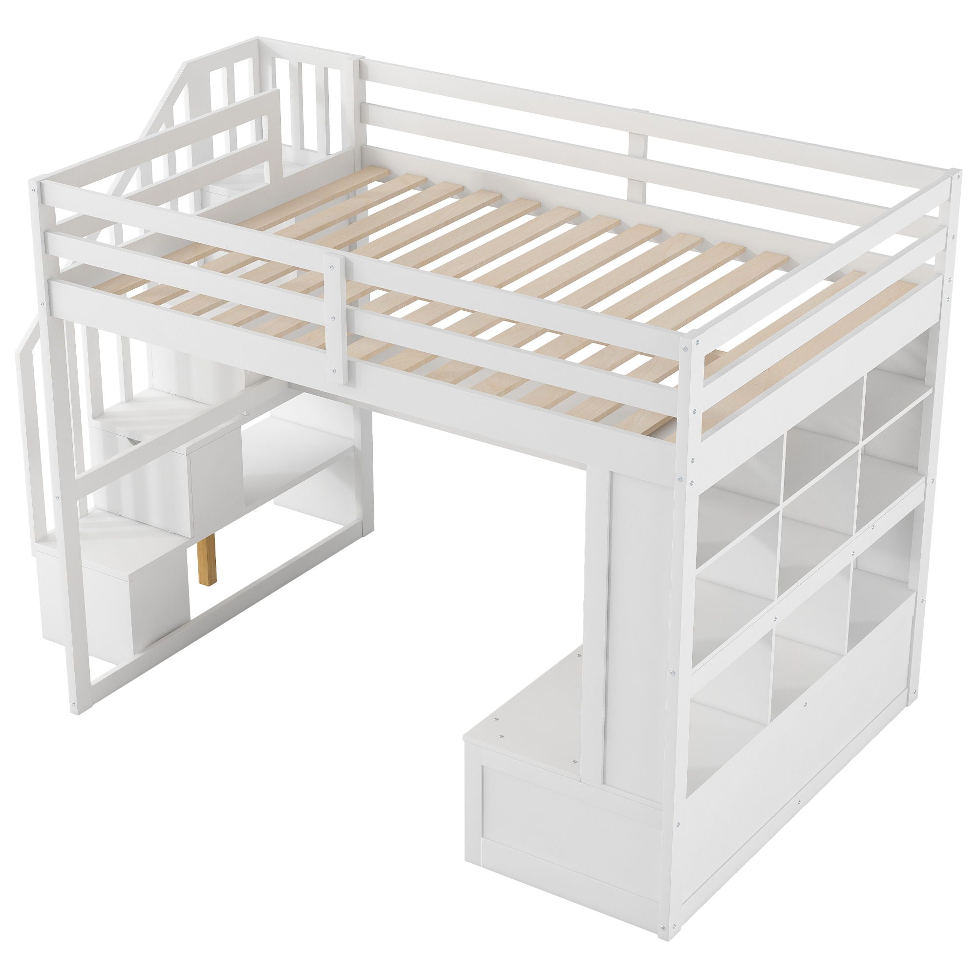 Full Size Loft Bed With Desk And Shelves, 2 Built In Drawers, Storage Staircase - White