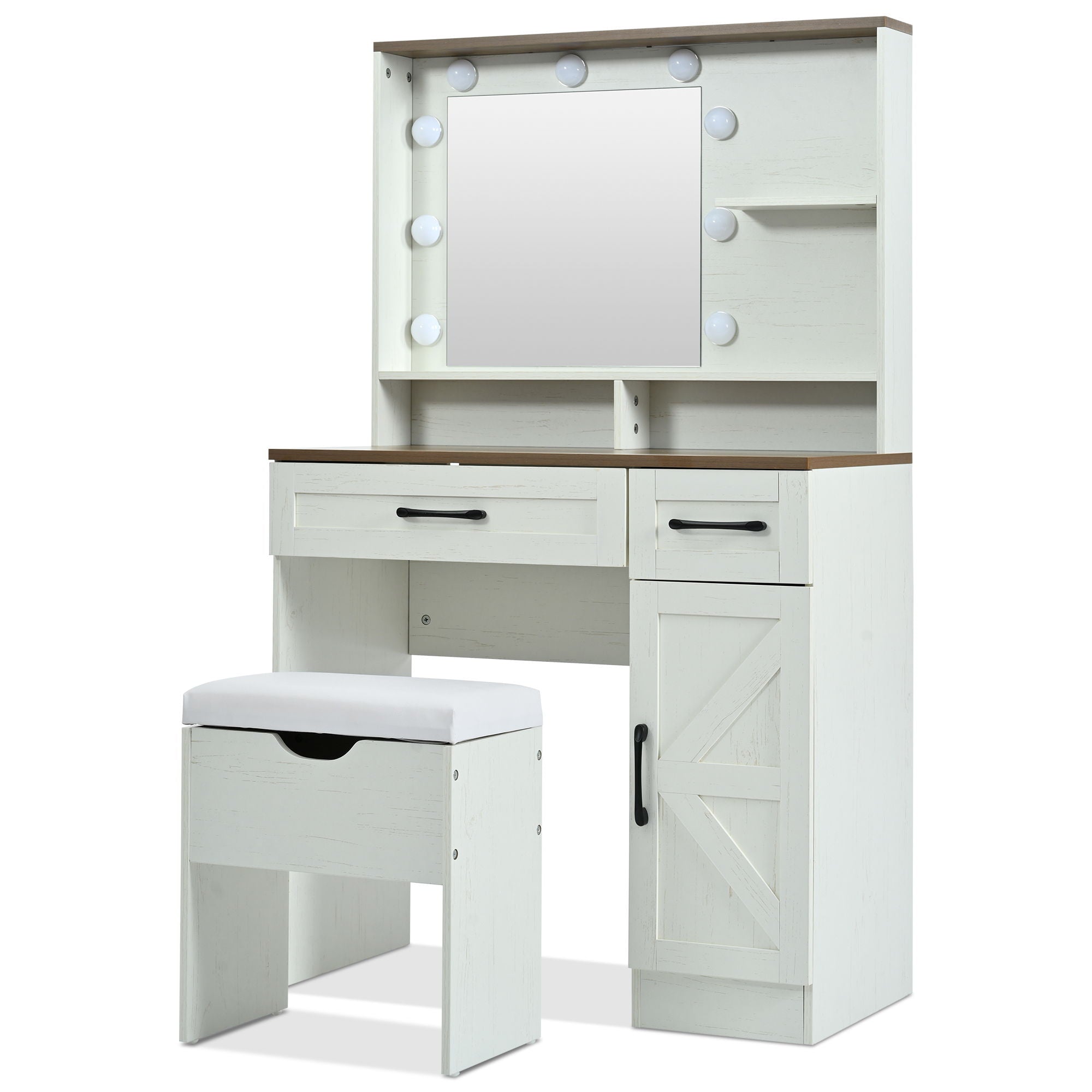 Farmhouse Makeup Vanity Desk With Mirror And Lights, 3 Lighting Modes, Vanity Set With Stool, Dressing Table With Adjustable Shelves, 2 Drawers And Side Cabinet For Bedroom - White
