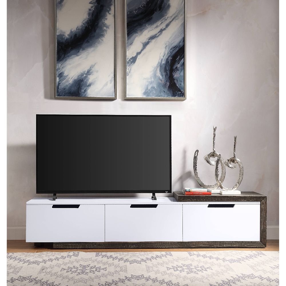 ACME Orion - TV Stand - White High Gloss & Rustic Oak | Meri Furniture