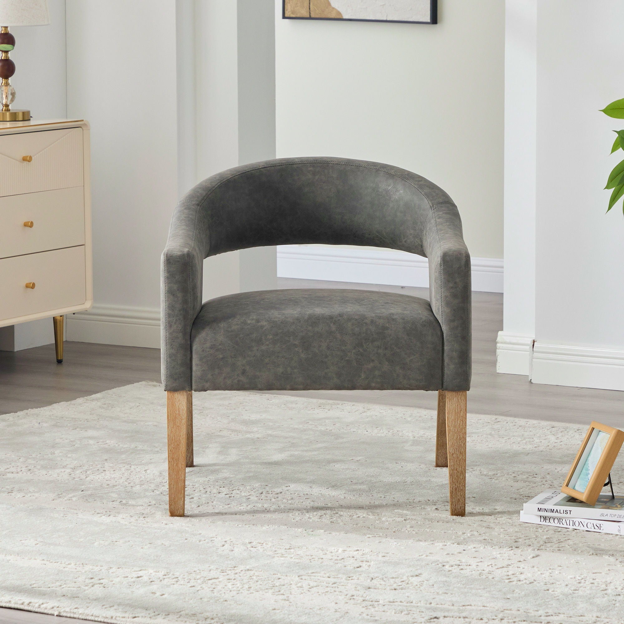 Upholstered Open Back Armchair With Weathered Rubberwood Legs
