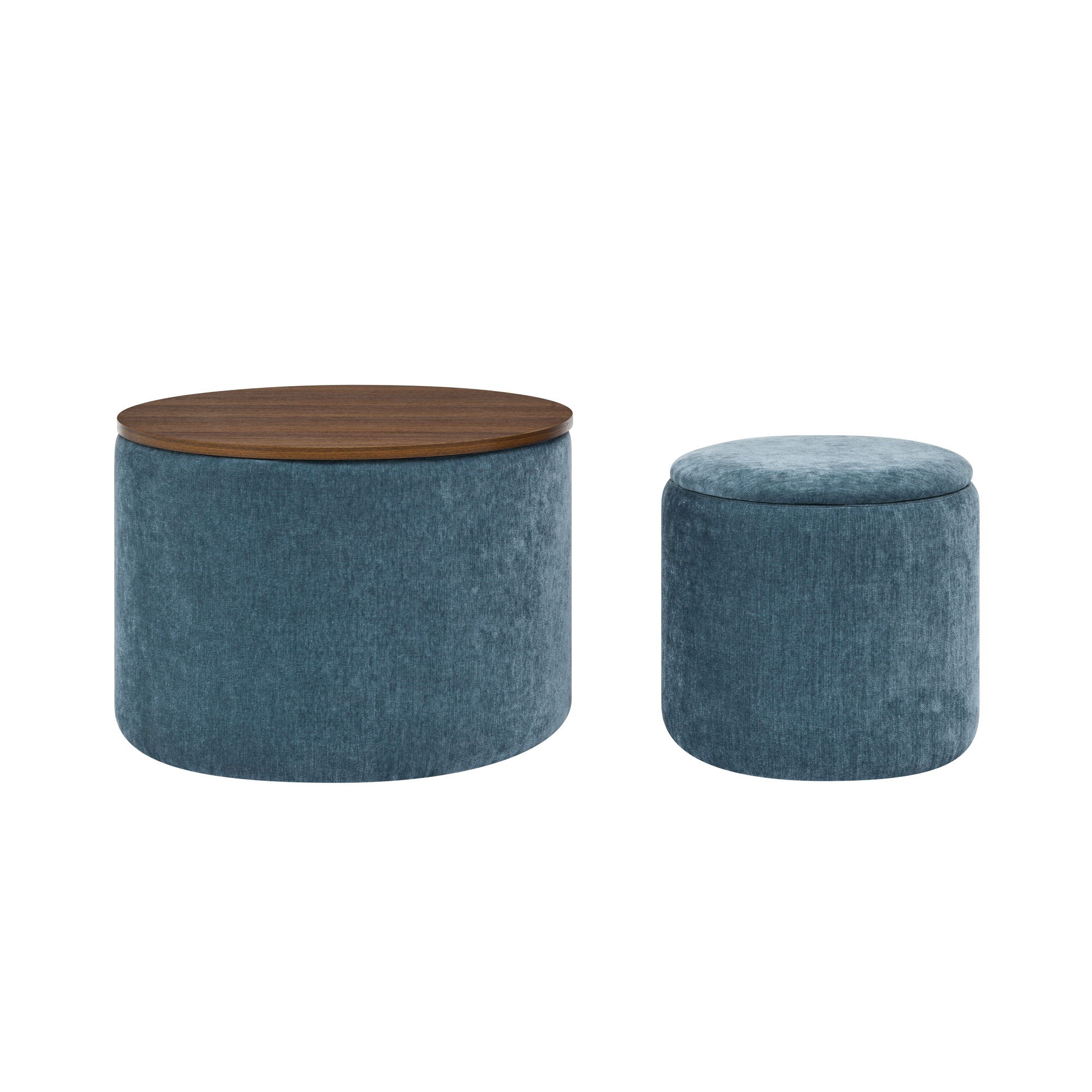 Classic 2 Piece Round Storage Ottoman Set With Drum Shaped Stool