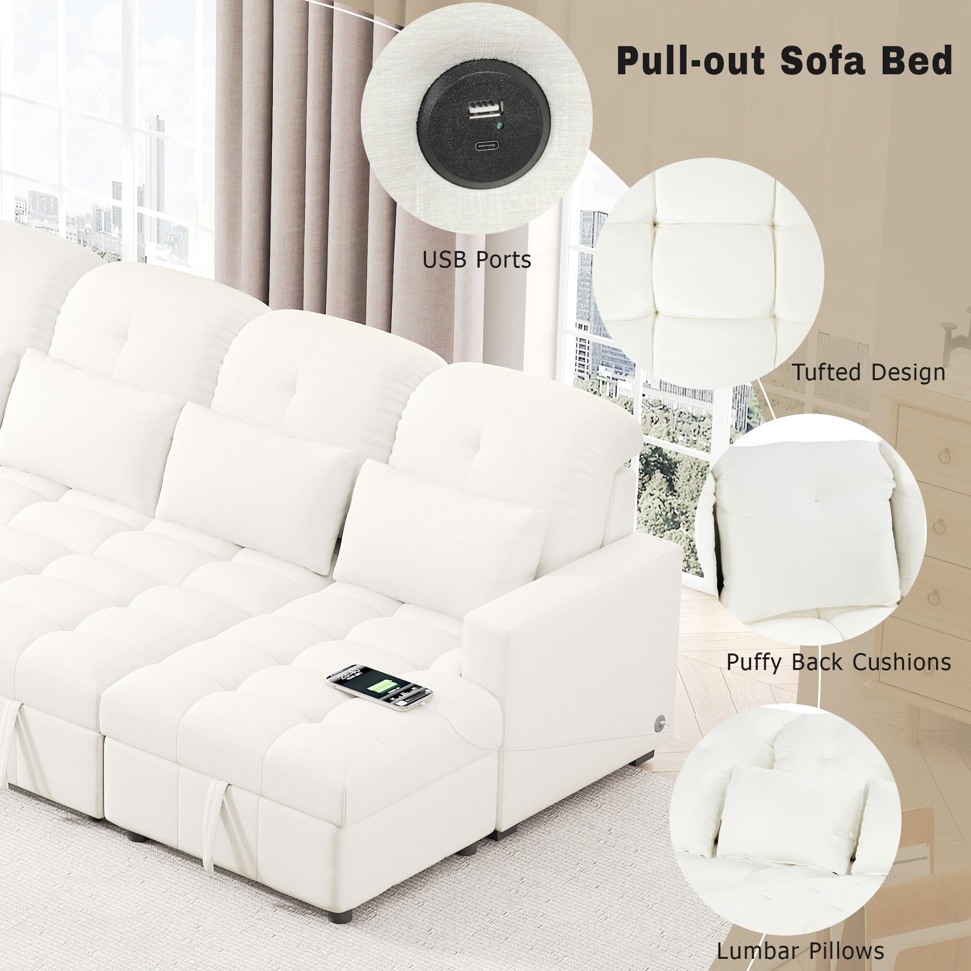 Oversized U-Shaped Versatile Sectional, Pull-Out Sofa Bed With Double Storage Chaise Lounges And 2 USB Ports For Living Room