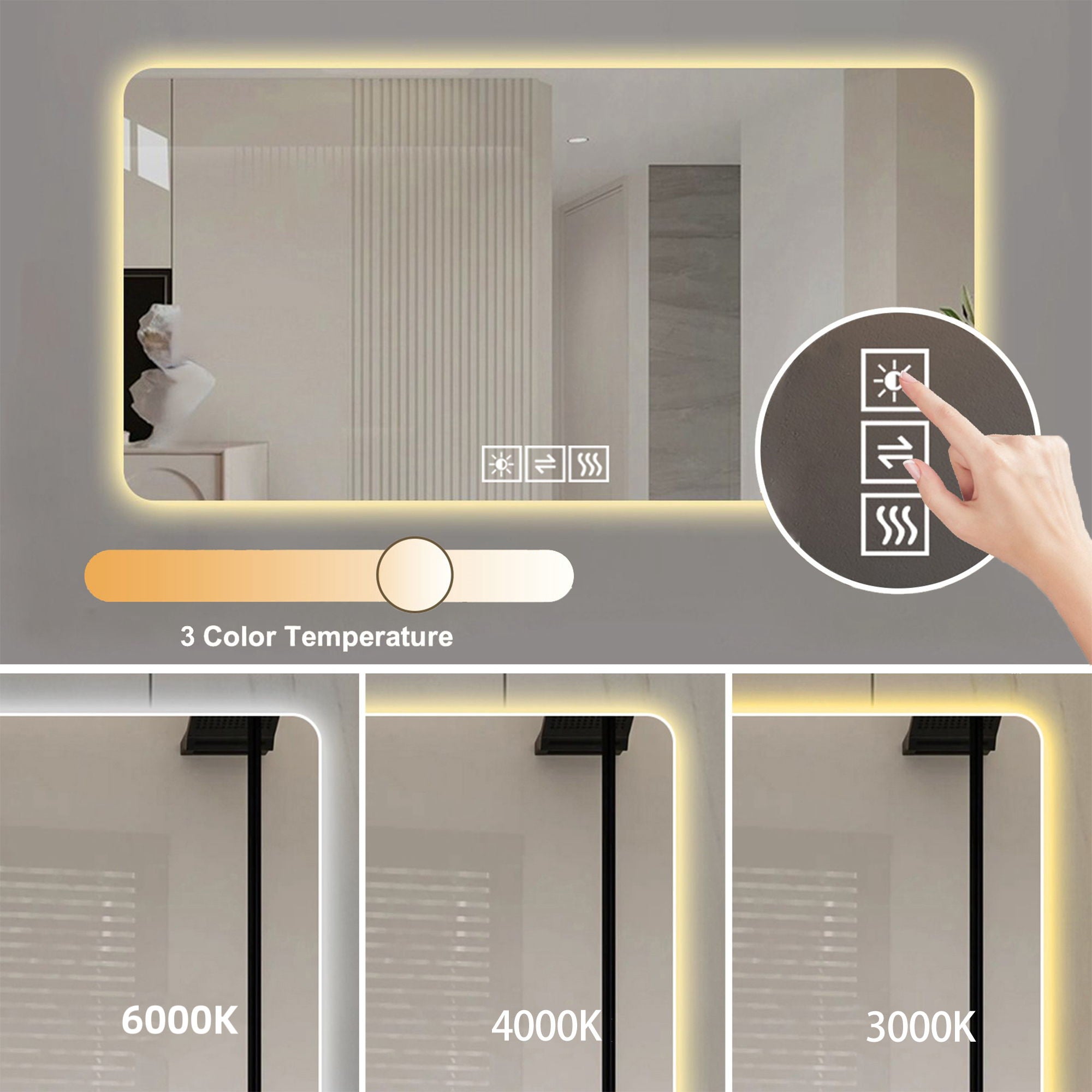 LED Bathroom Mirror With 3 Color Dimmable Backlight