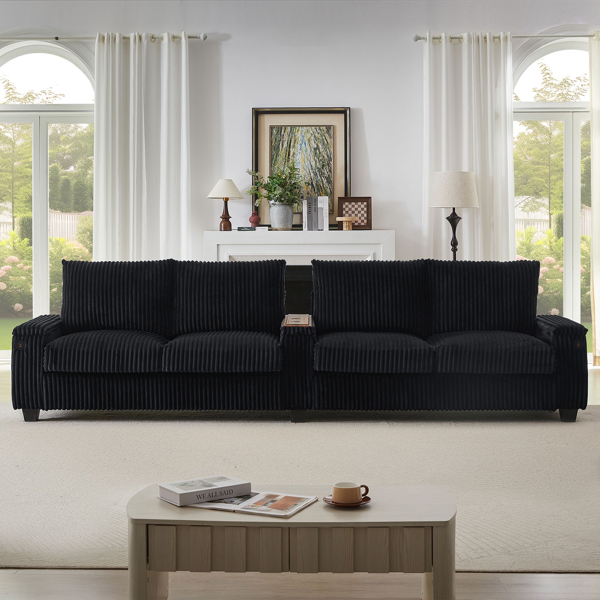 Modern 4 Seater Corduroy Sofa Couch With USB Ports And Hidden Storage