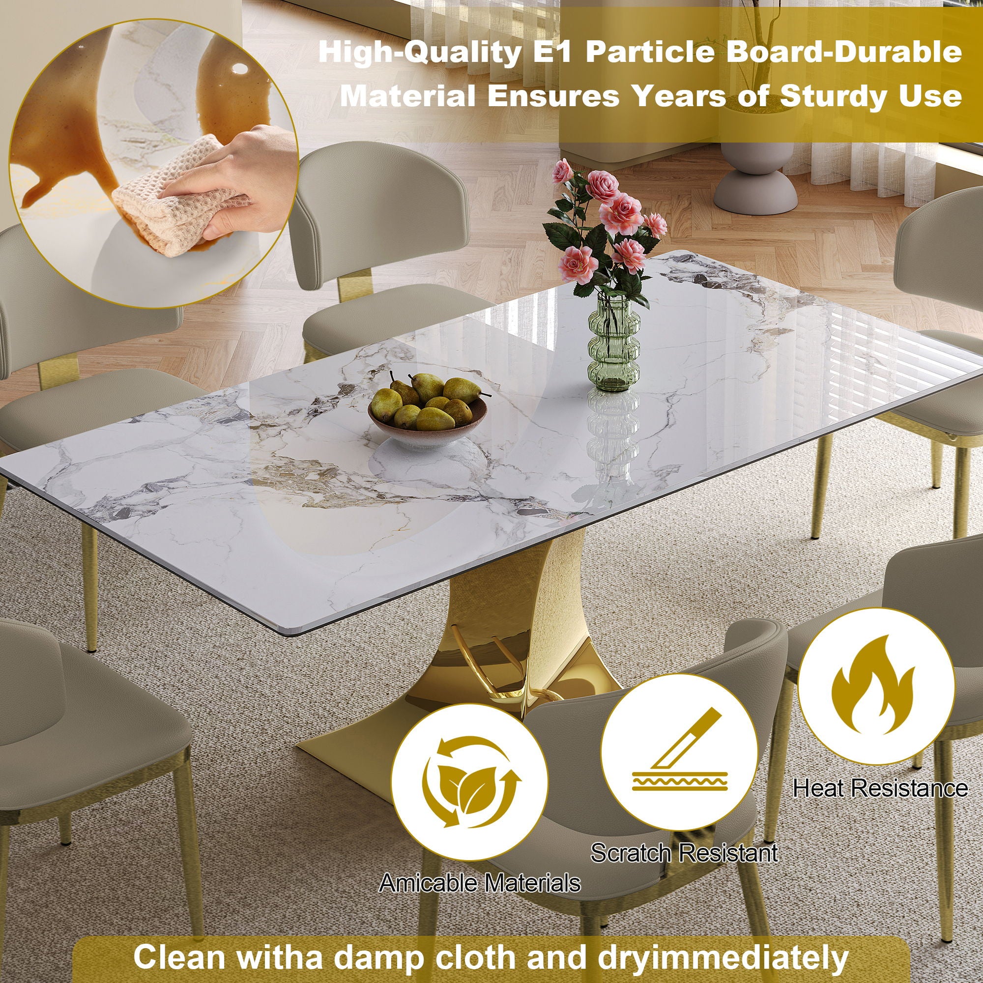 Modern Rectangular Dining Table For 6 - 8, Plated Hourglass Base