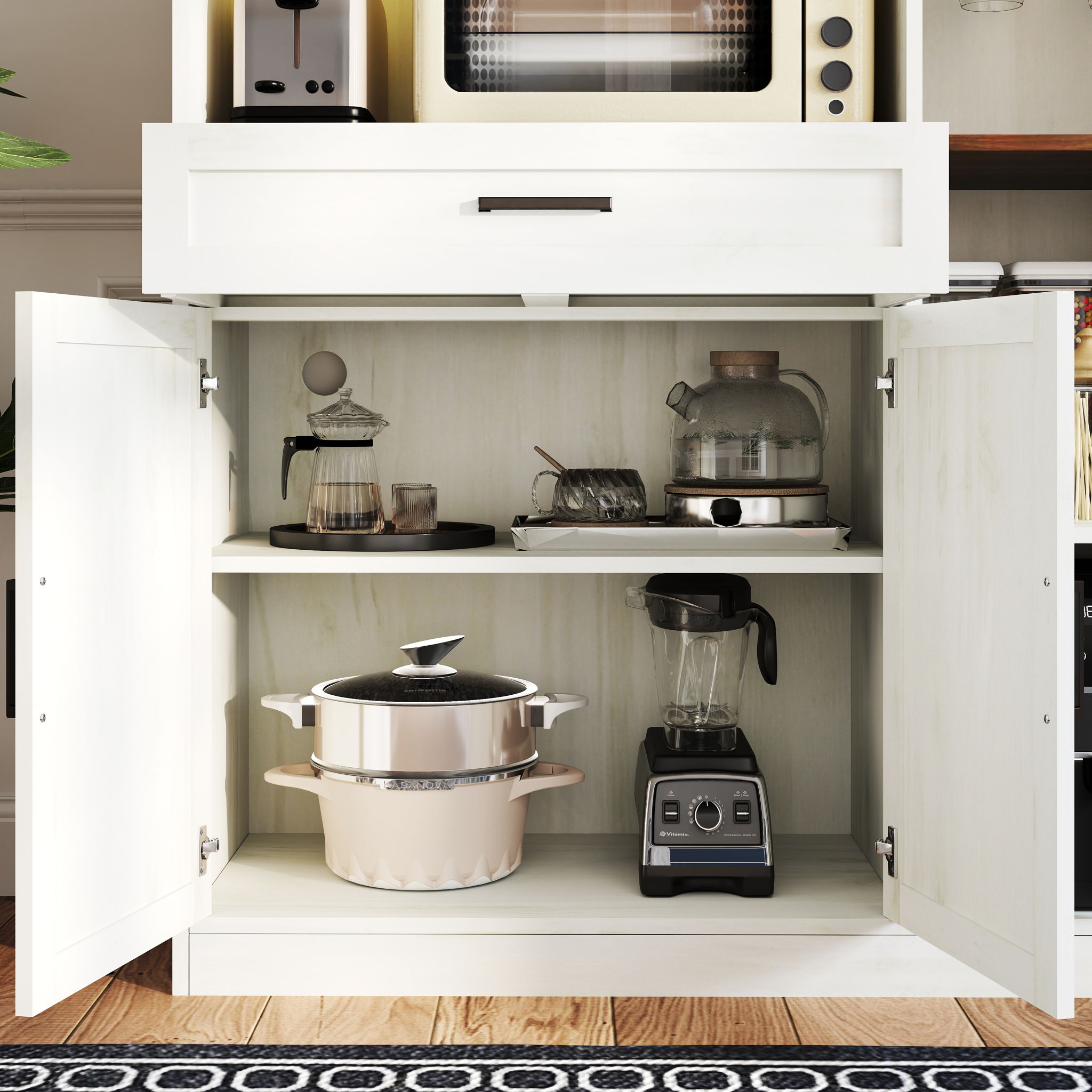 Farmhouse Kitchen Pantry Sideboard With Cabinet And Drawer, Multi Functional Kitchen Buffet With Hutch And Glass Holder, Microwave Stand With Charging Station - Brown / Antique White