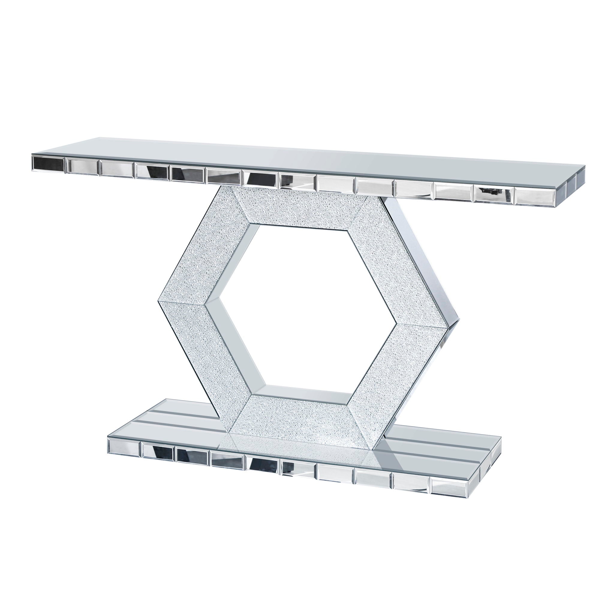 Sparkling Crystal Hexagon Mirror Entryway Premium Modern Foyer Console Table With Diamond Glass Effects, Dual Tier Luxury Sofa Table - Silver